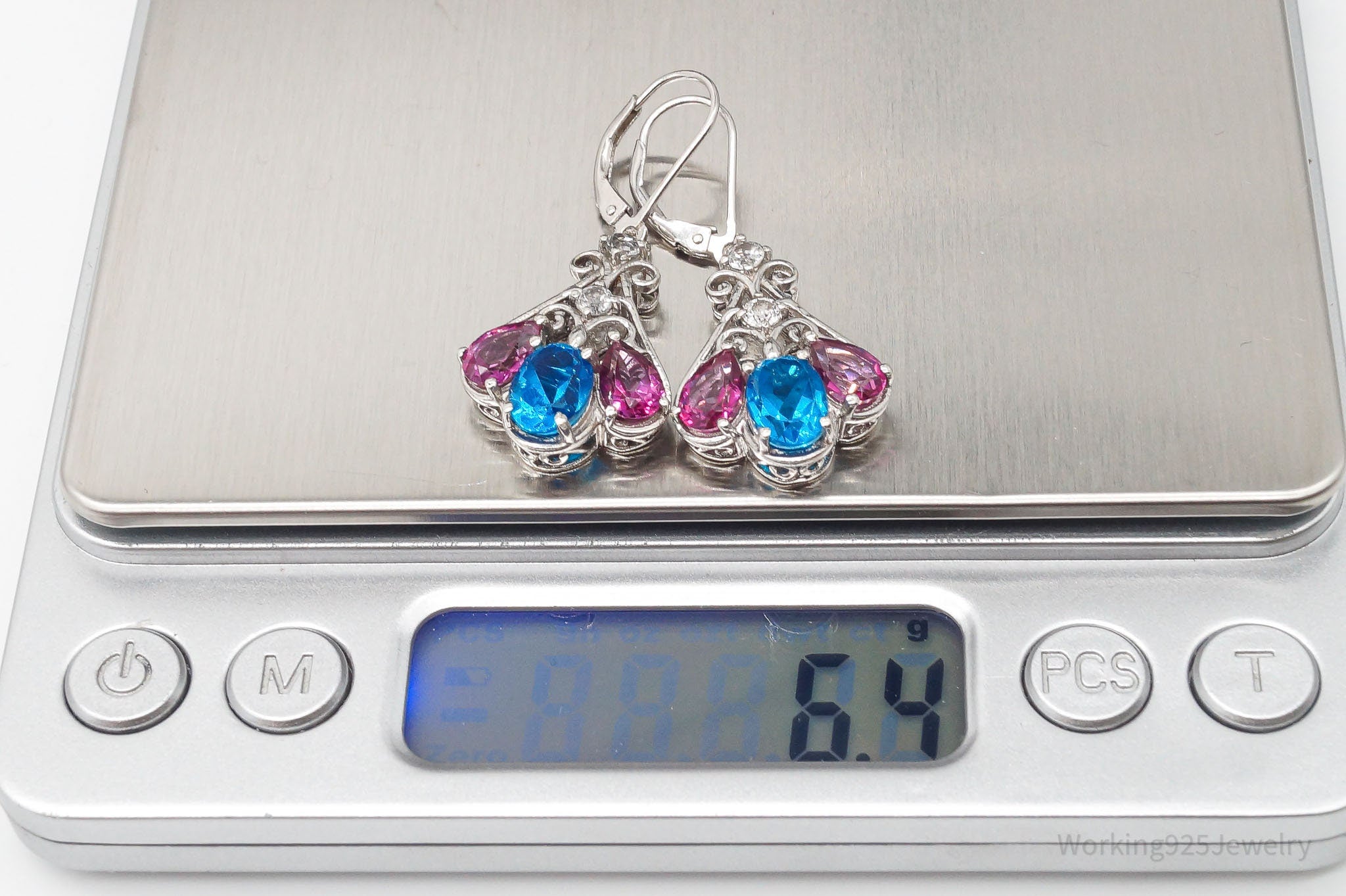 Vintage Blue Pink & White Topaz Sterling Silver Earrings