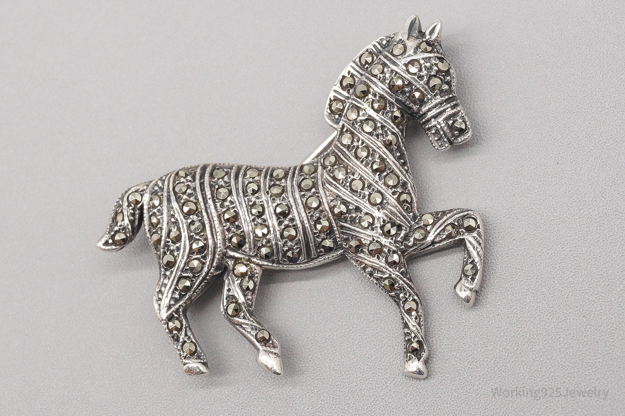 Large Vintage Marcasite Horse Sterling Silver Brooch Pin