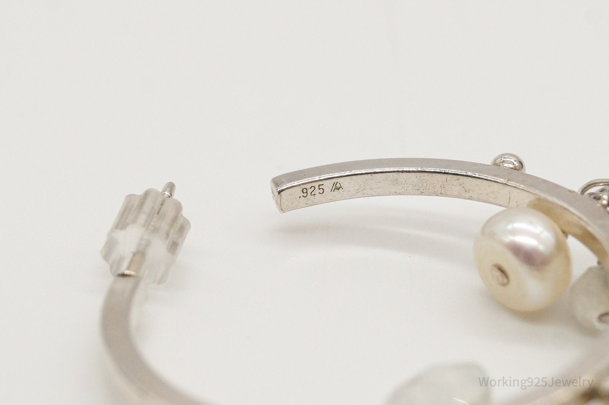 Vintage Crystal Quartz Pearl Moonstone Sterling Silver Hoop Earrings