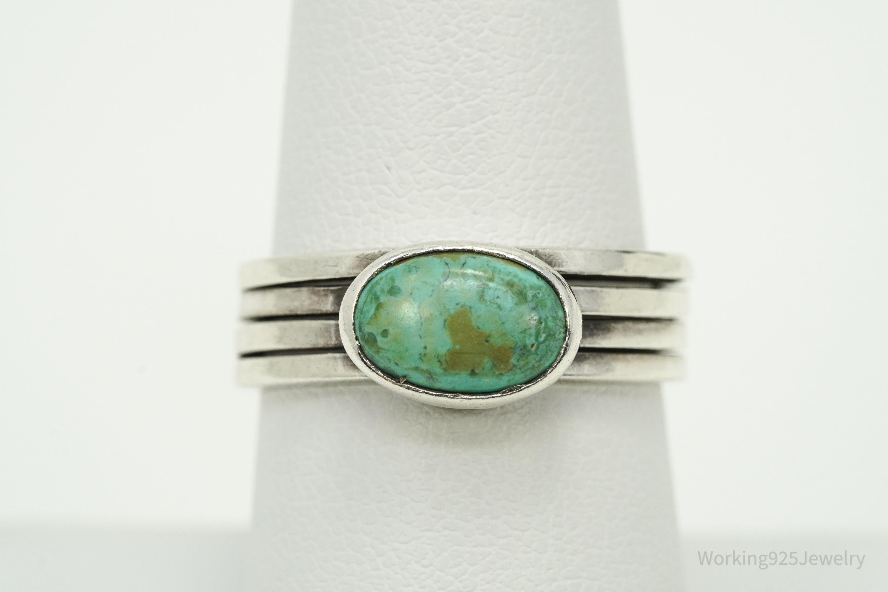 Vintage Native American Style Turquoise Silver Band Ring - Size 7.5