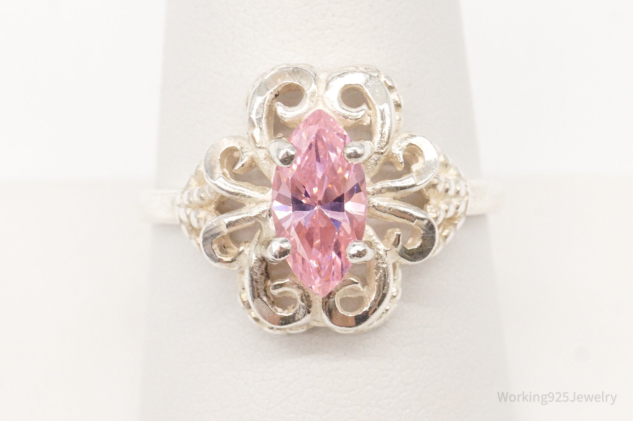 Vintage Pink Cubic Zirconia Sterling Silver Ring - Size 9.25