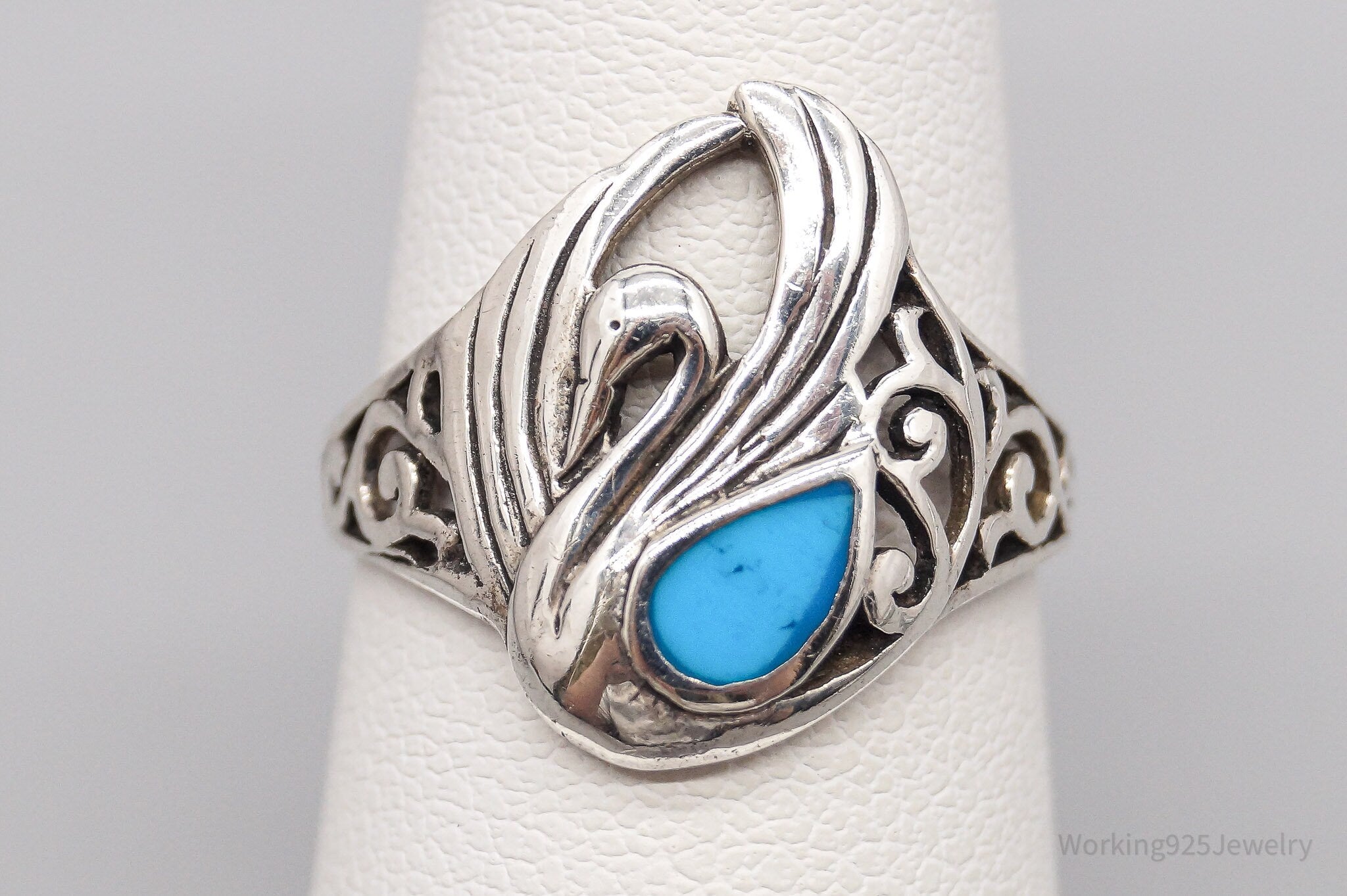 Vintage Boma Turquoise Inlay Swan Sterling Silver Ring - Size 6