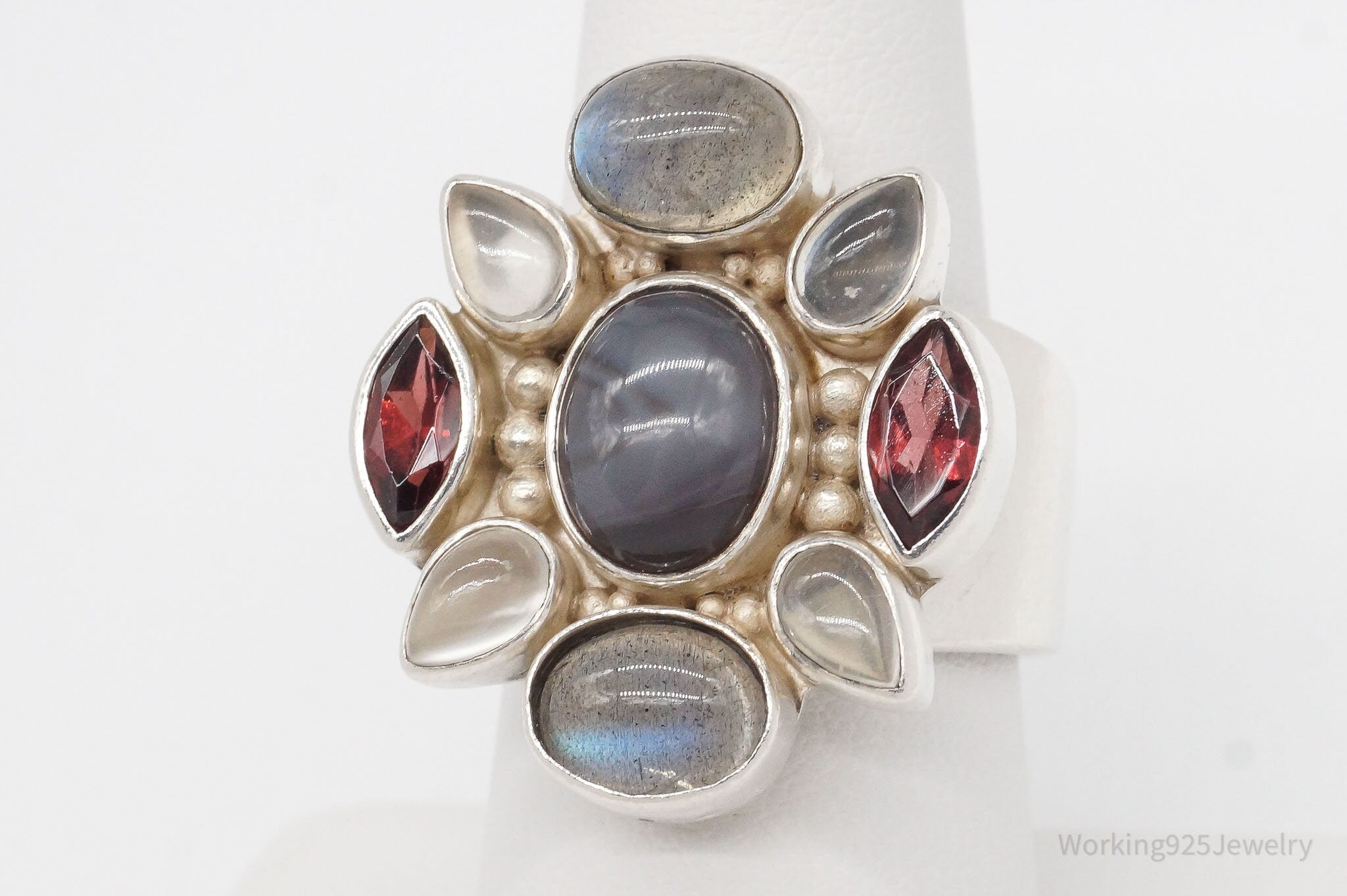 Vintage Designer Sajen Moonstone Garnet Sterling Silver Ring SZ 8.5 Adjustable