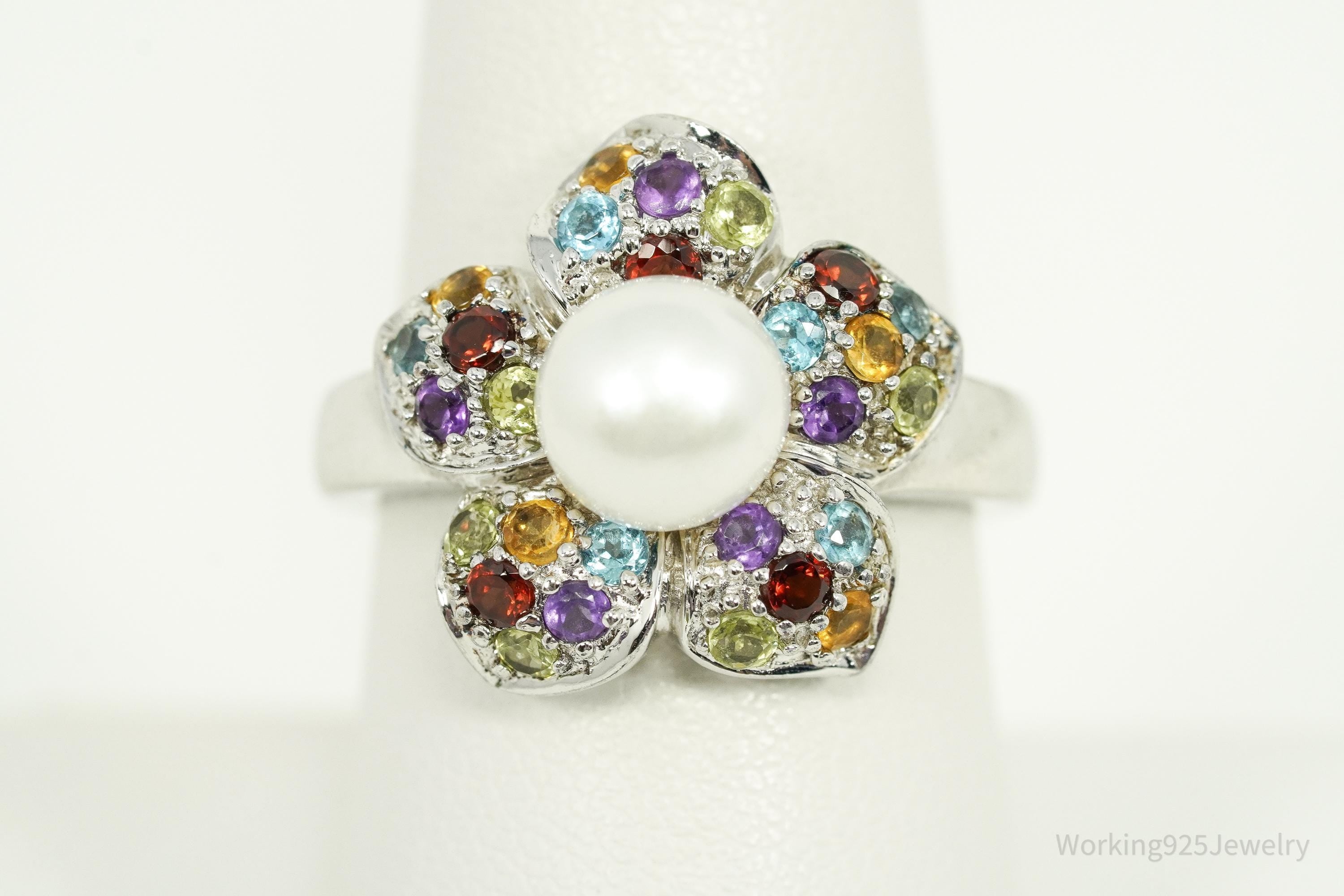 Vintage Designer Pearl & Multi Gem Sterling Silver Ring - Size 8
