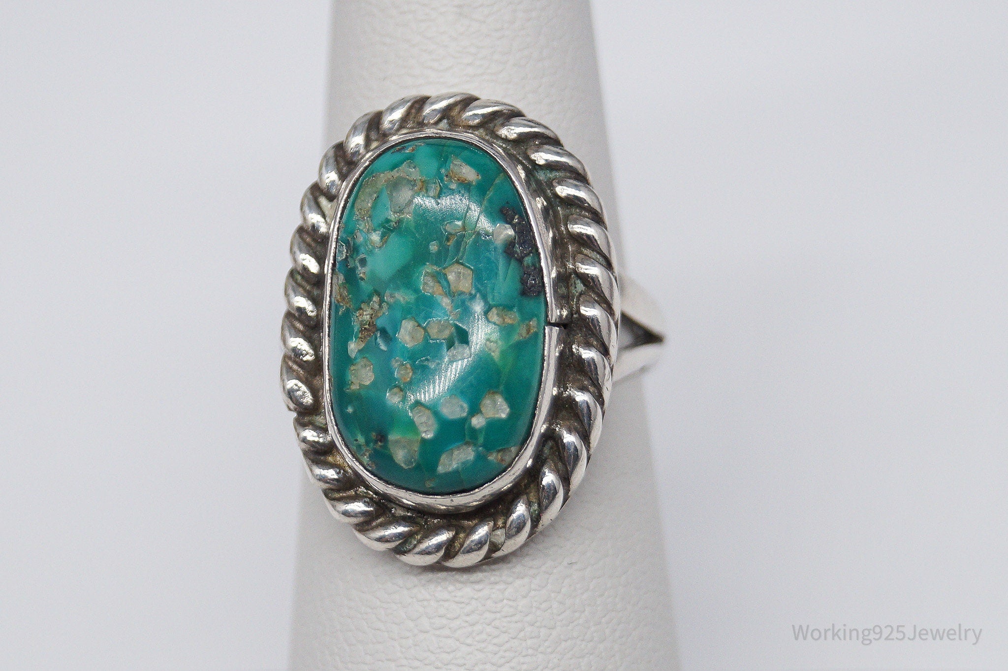 Vintage Native American Turquoise Unsigned Silver Ring - Size 6.25