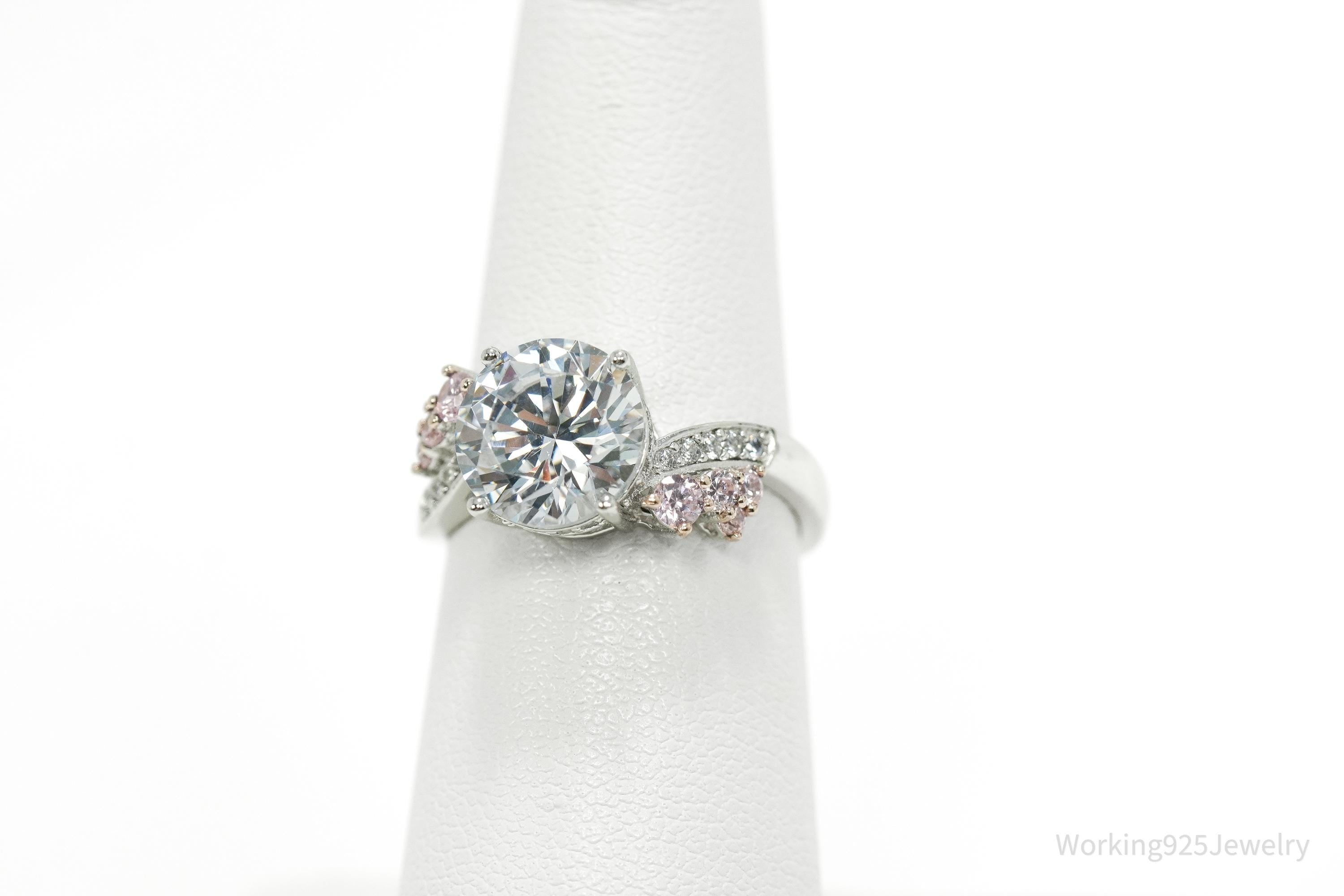 Vintage PAJ Pink & White Cubic Zirconia Sterling Silver Ring - Size 6