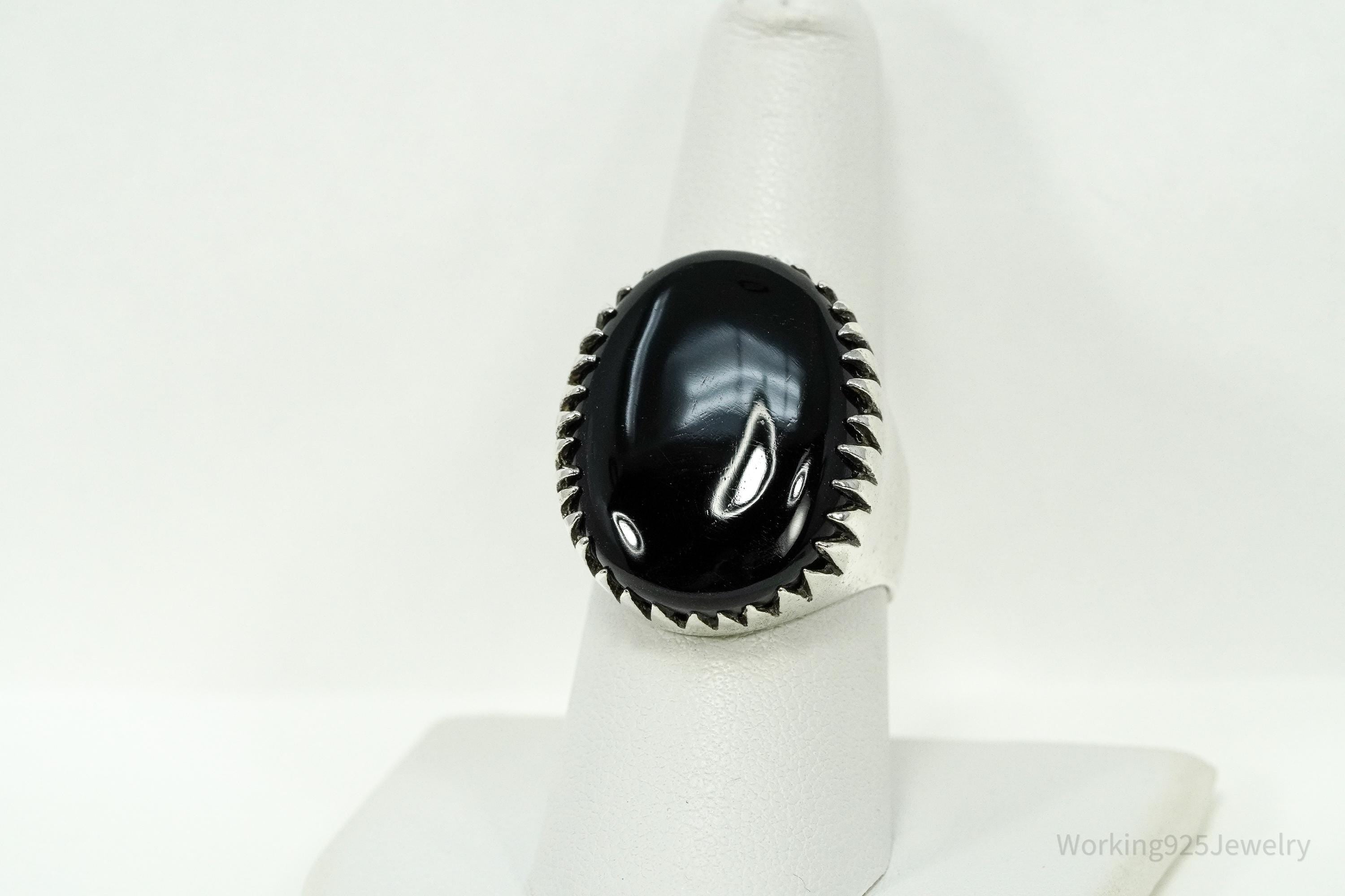 Vintage Large Black Onyx Sterling Silver Ring - Size 8.25