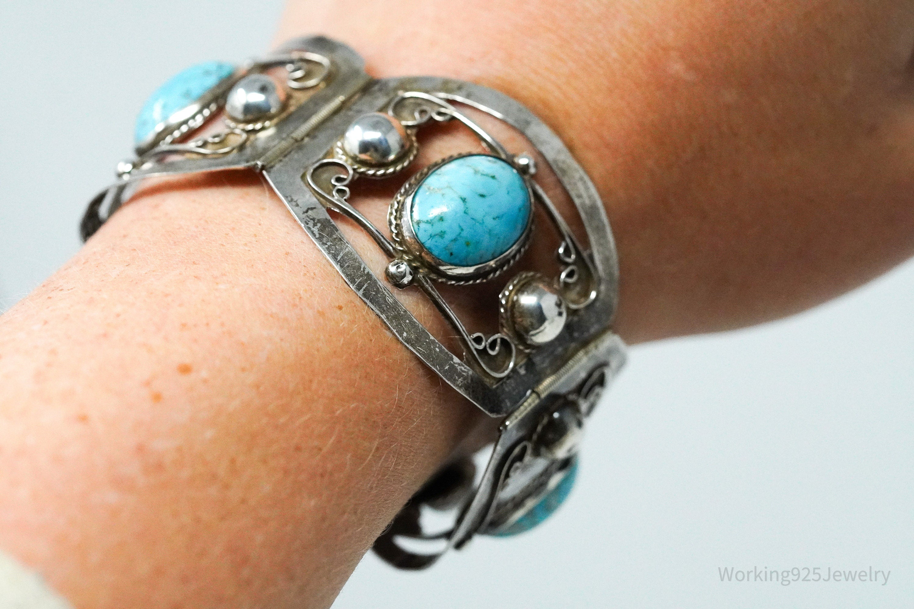 Vintage Mexico Glass Turquoise Sterling Silver Bracelet - 6.75"