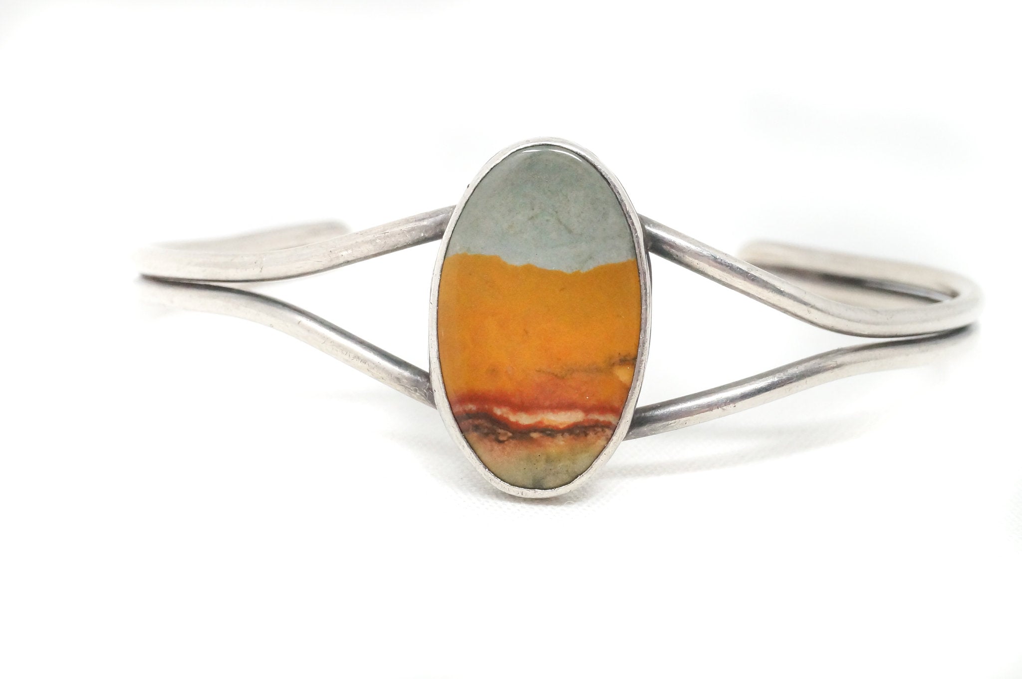 Vintage Native American Fink Landscape Agate Sterling Silver Cuff Bracelet