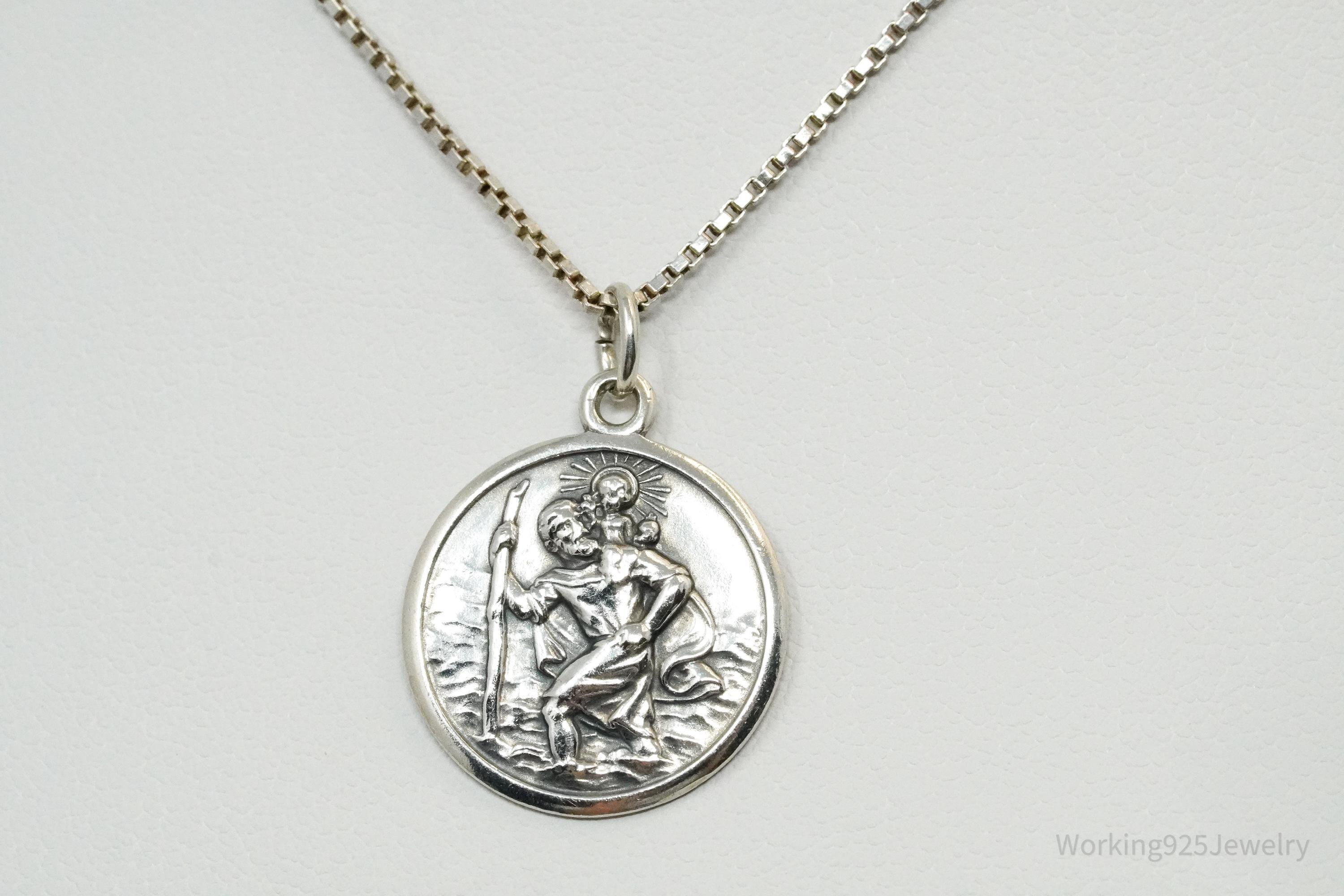 Vintage Saint Christopher 835 Silver Pendant On Sterling Silver Necklace 18"