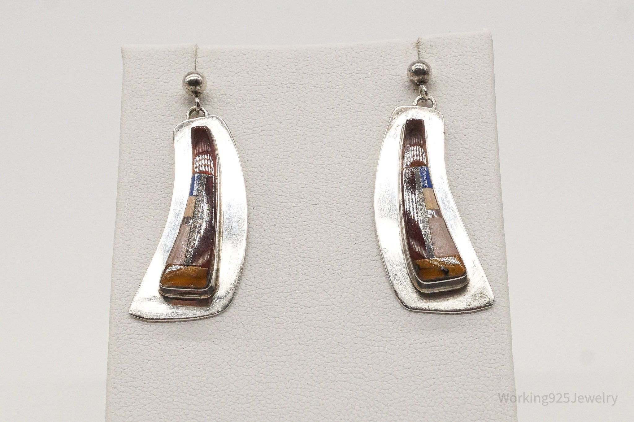 Vintage Native American Multi Gem Inlay Silver Earrings