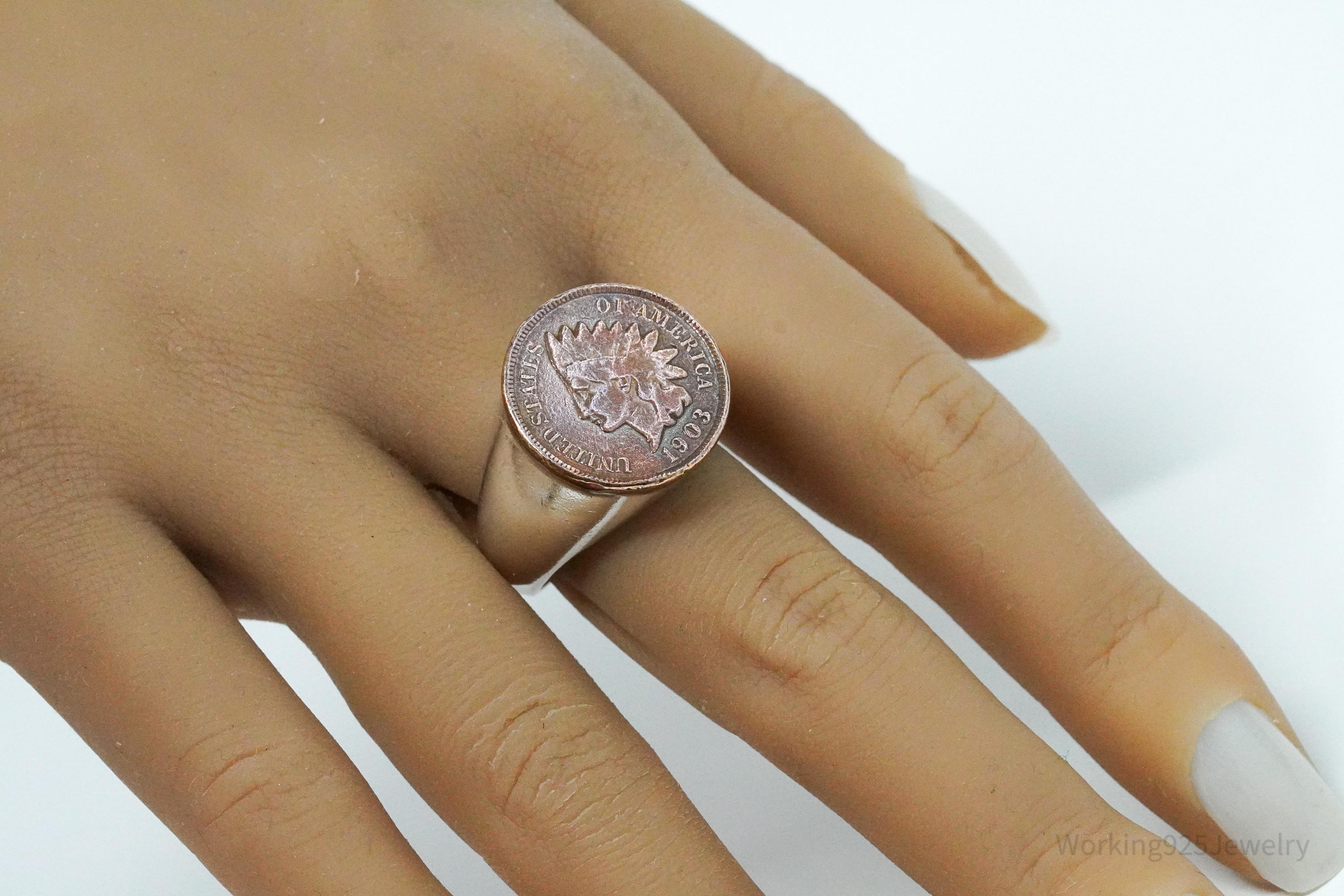 Vintage 1903 Indian Head Cent Penny Silver Ring - Size 10.5