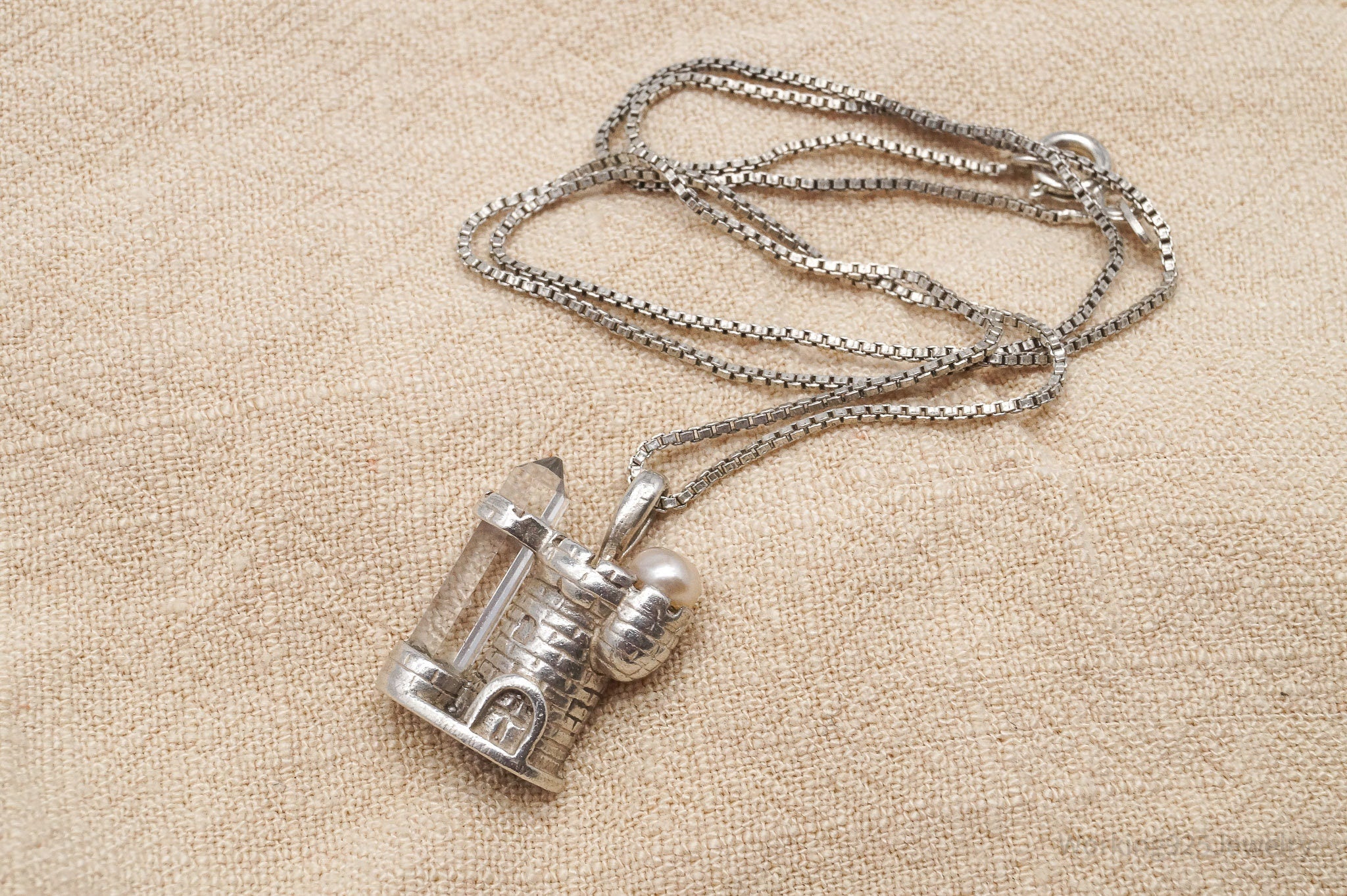 Vintage Pearl & Crystal Castle Sterling Silver Necklace 18"