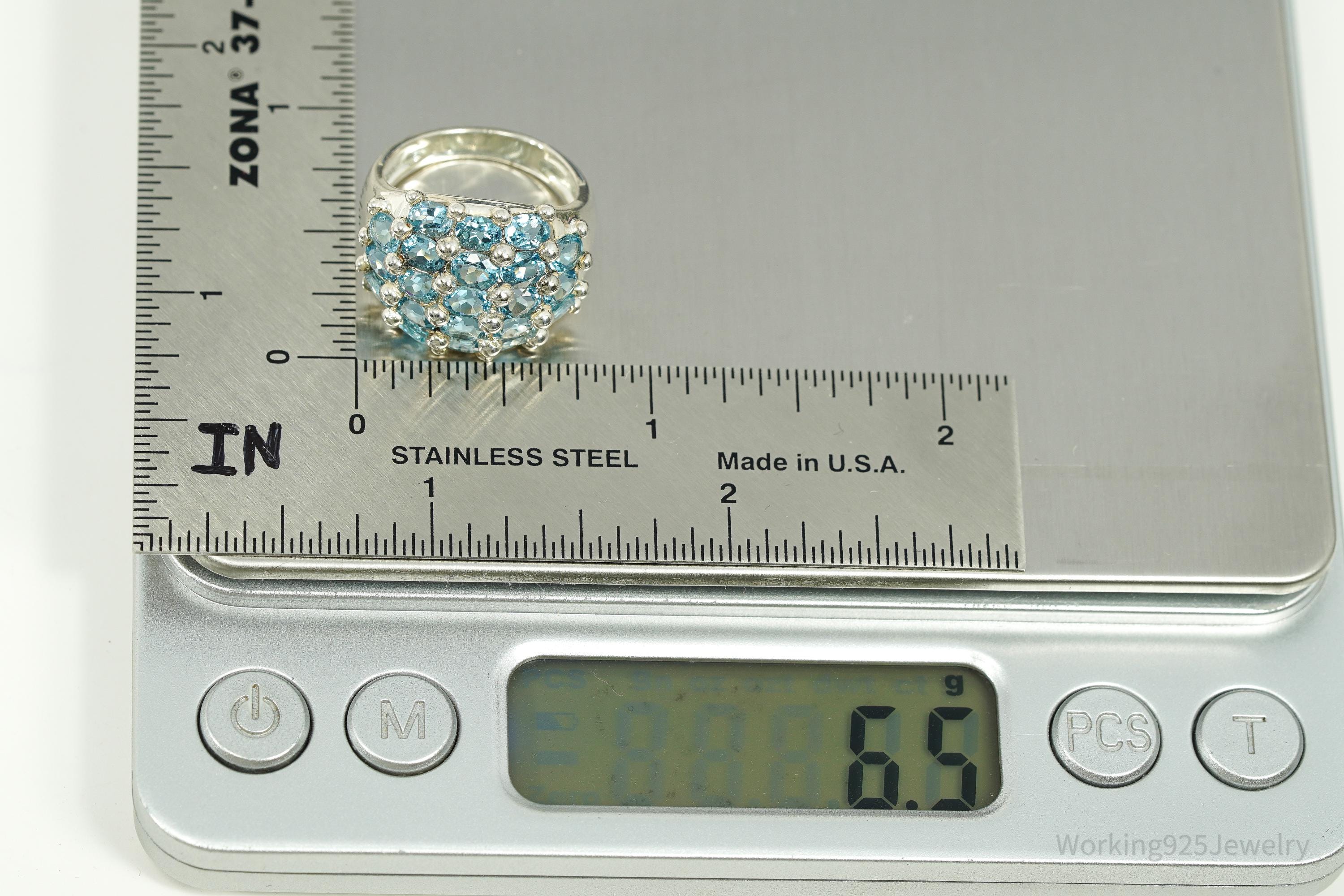 Vintage Blue Topaz Cluster Sterling Silver Ring - Size 6.25