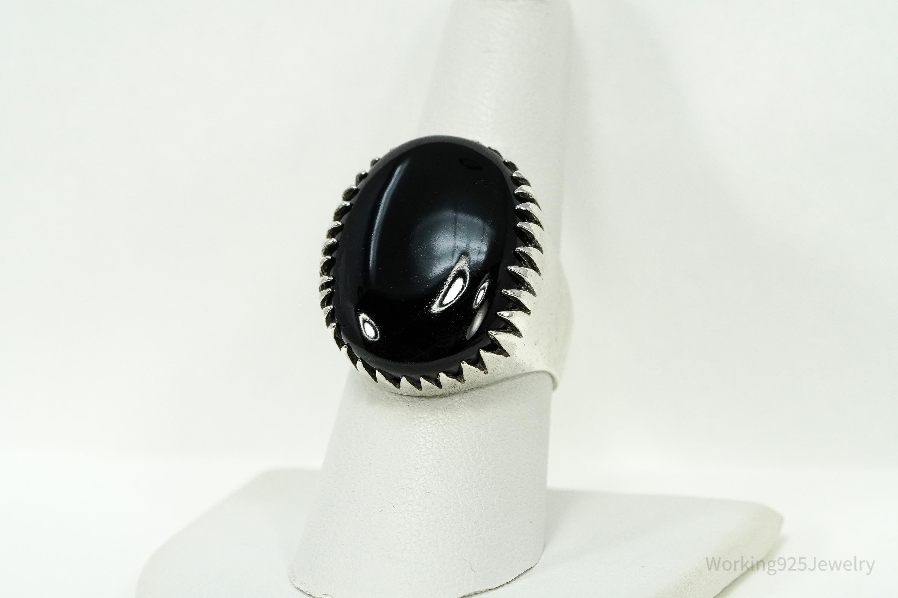 Vintage Large Black Onyx Sterling Silver Ring - Size 8.25