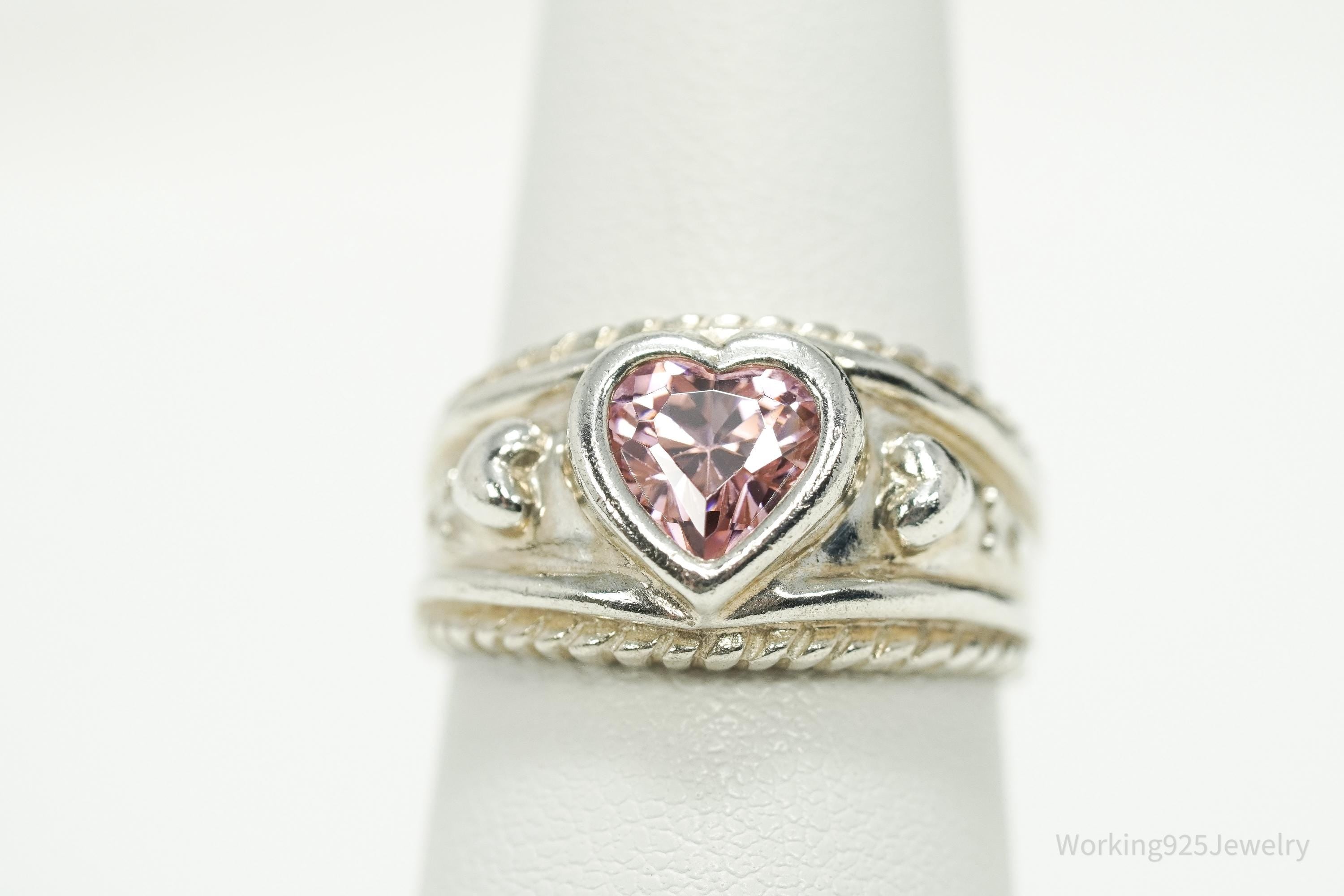 Vintage Pink Cubic Zirconia Heart Sterling Silver Ring - Size 7
