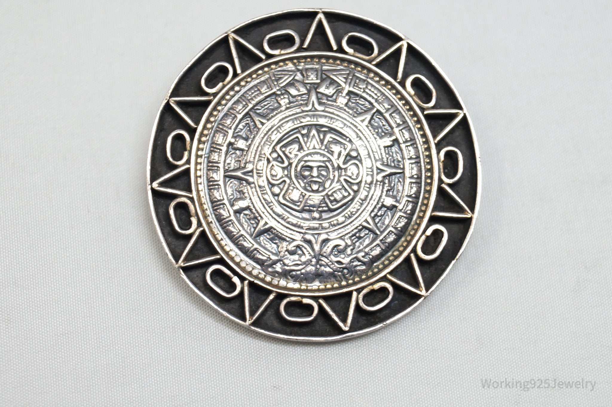 Vintage Taxco Mexico Large Aztec Sun Calendar Sterling Silver Brooch Pin