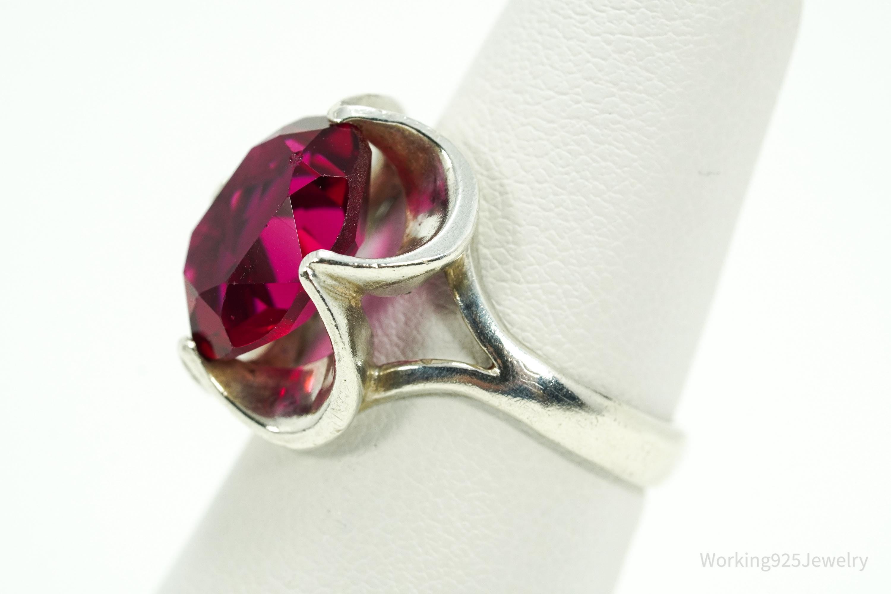 Vintage Mexico Modernist Red Paste Glass Stone Sterling Silver Ring - Size 5