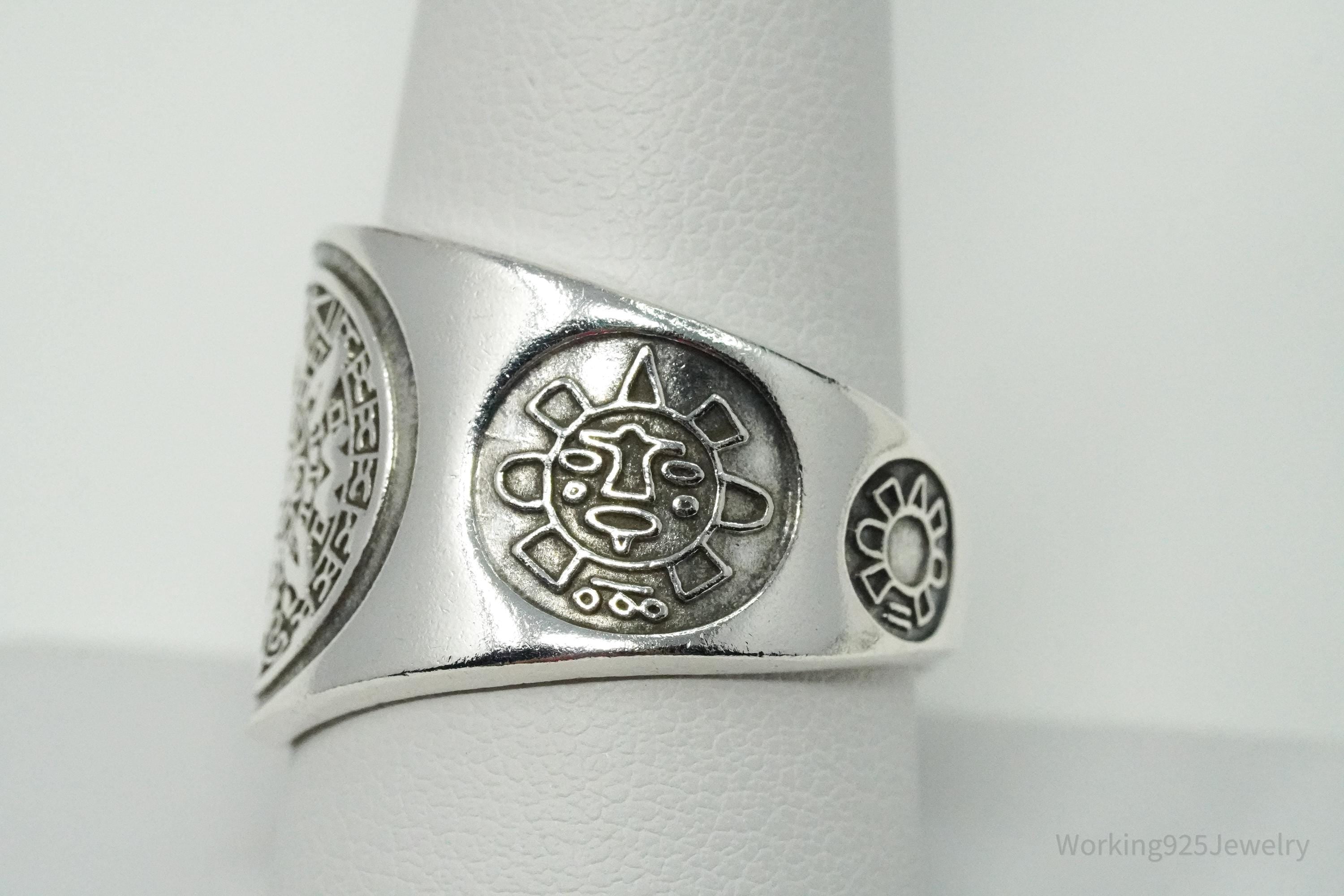 Vintage Aztec Mayan Sun Calendar Sterling Silver Ring Size 10