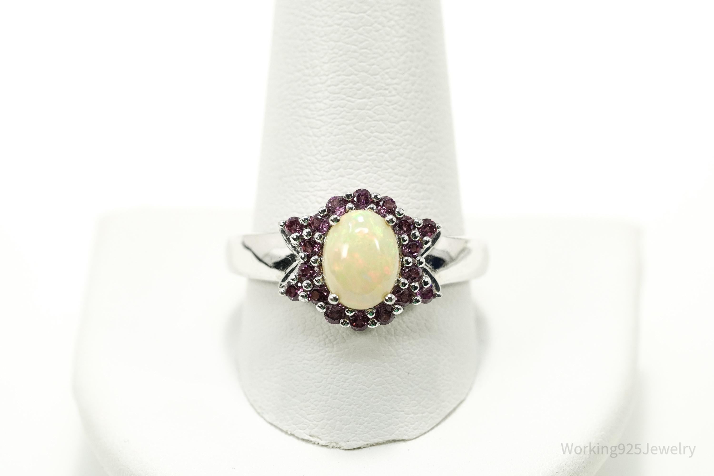 Vintage Opal & Purple Garnet Sterling Silver Cluster Ring – Size 11.5