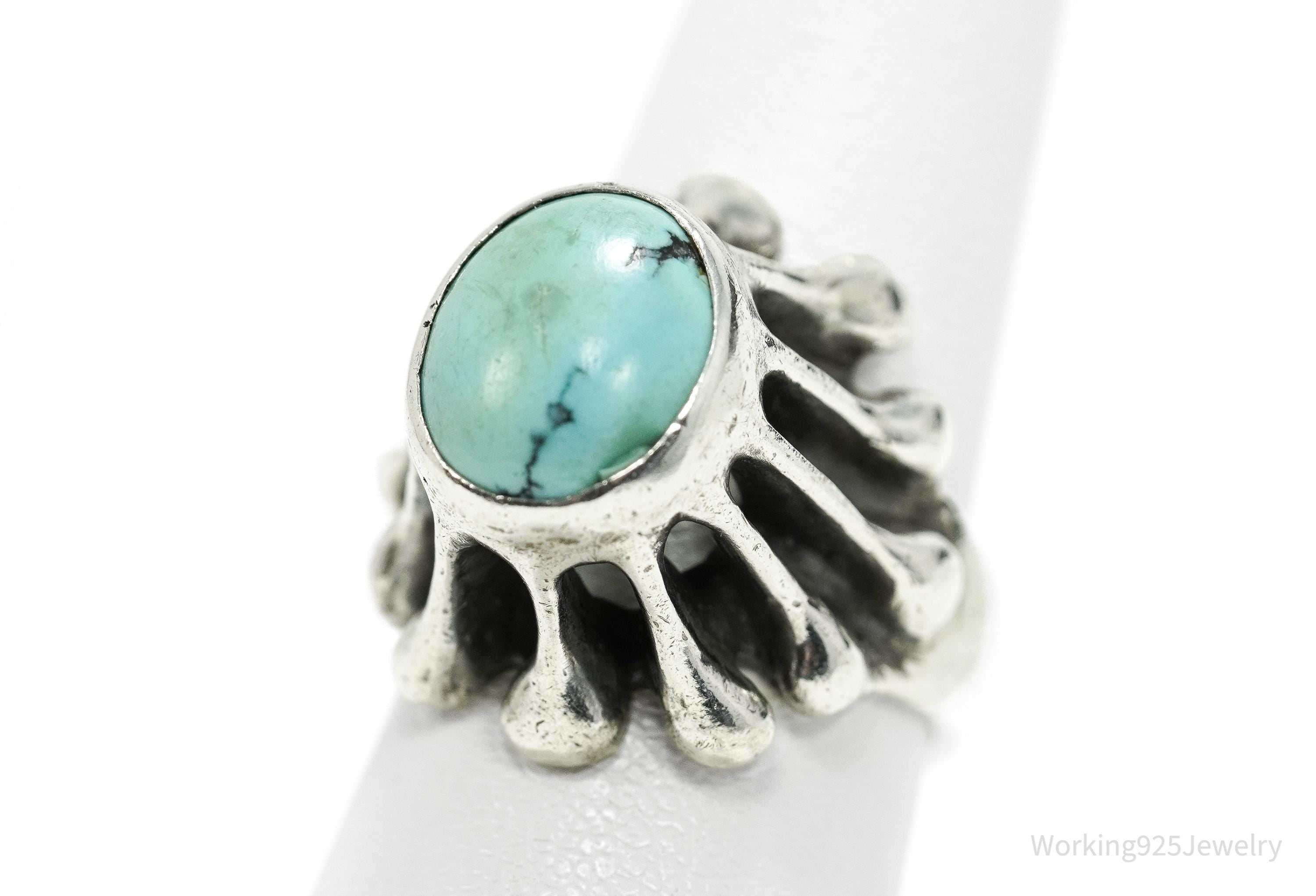 Vintage Brutalist Modernist Turquoise Silver Ring - Size 5.75