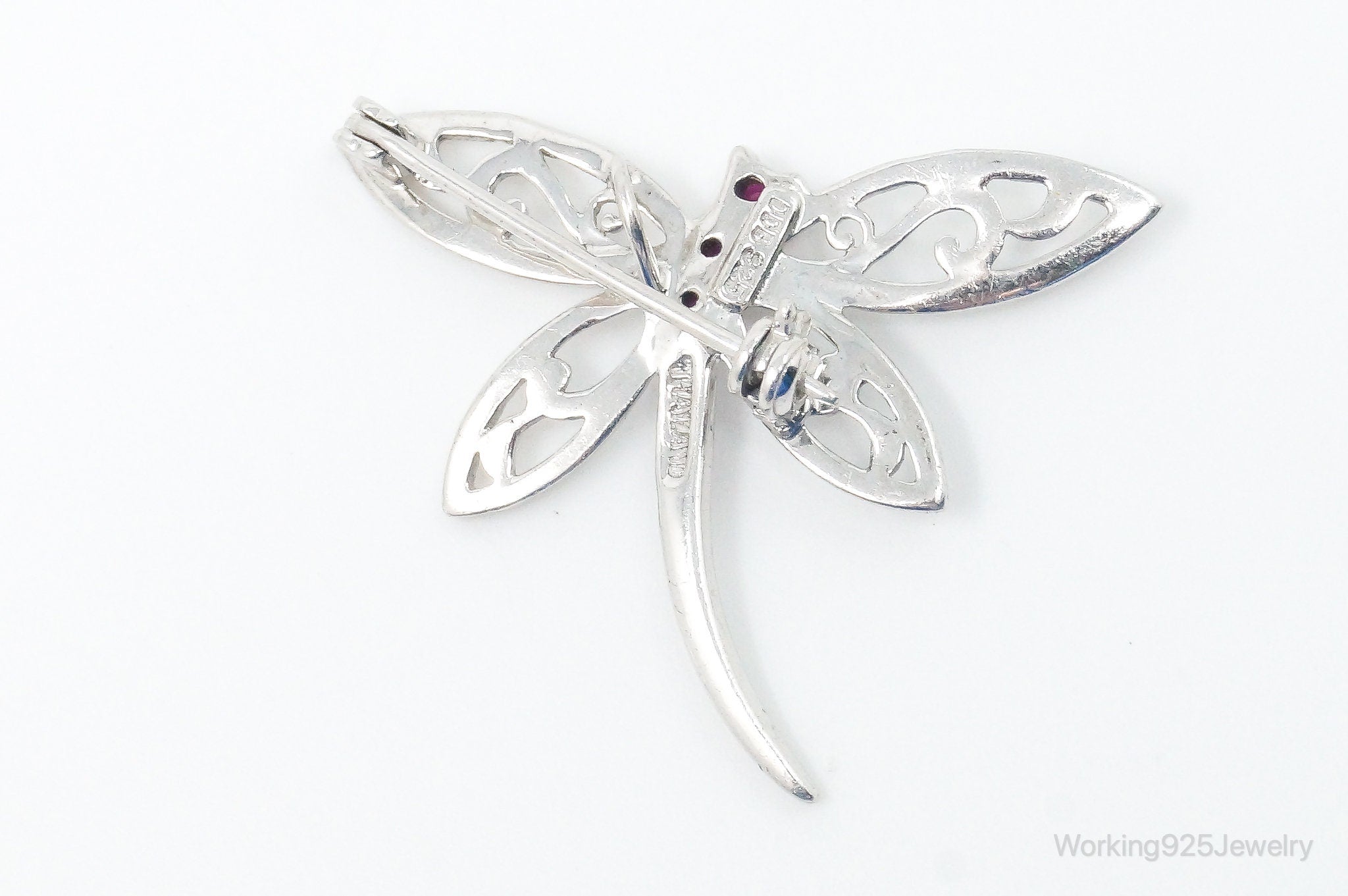 Vintage Ruby Dragonfly Sterling Silver Necklace Pendant Brooch Pin