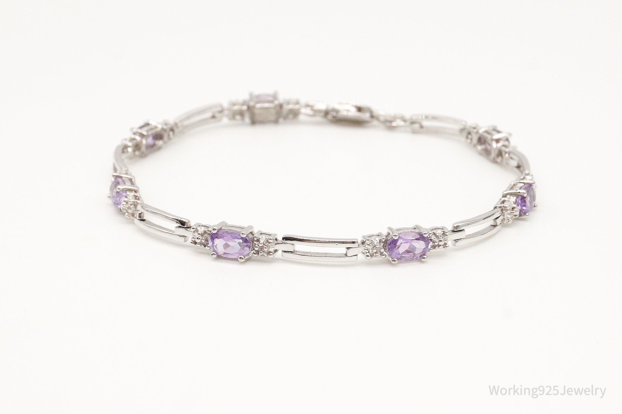 Vintage Two Diamonds Amethyst Sterling Silver Bracelet