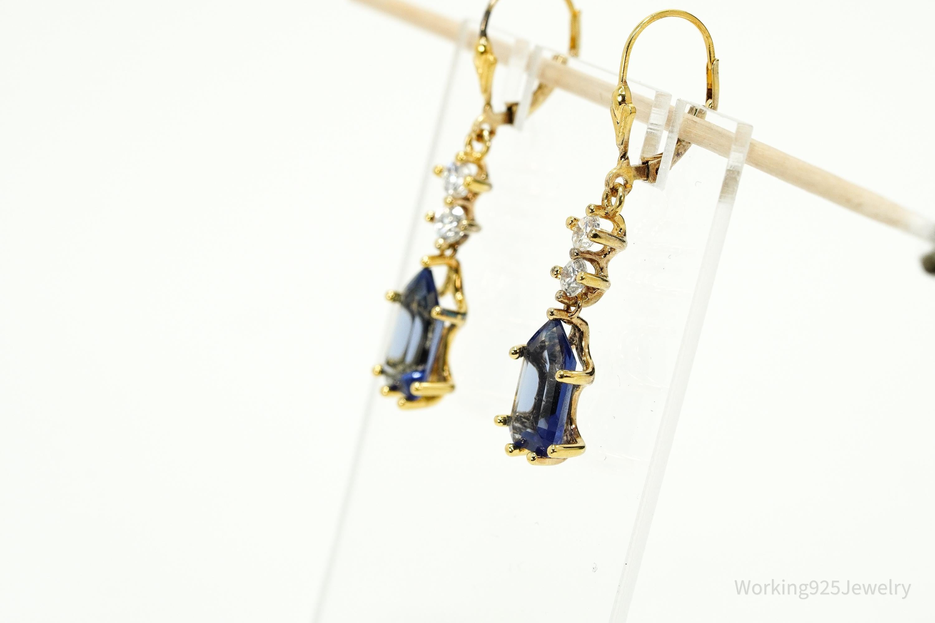 Vintage Lab Created Tanzanite & Cubic Zirconia Gold Vermeil Sterling Silver Earrings