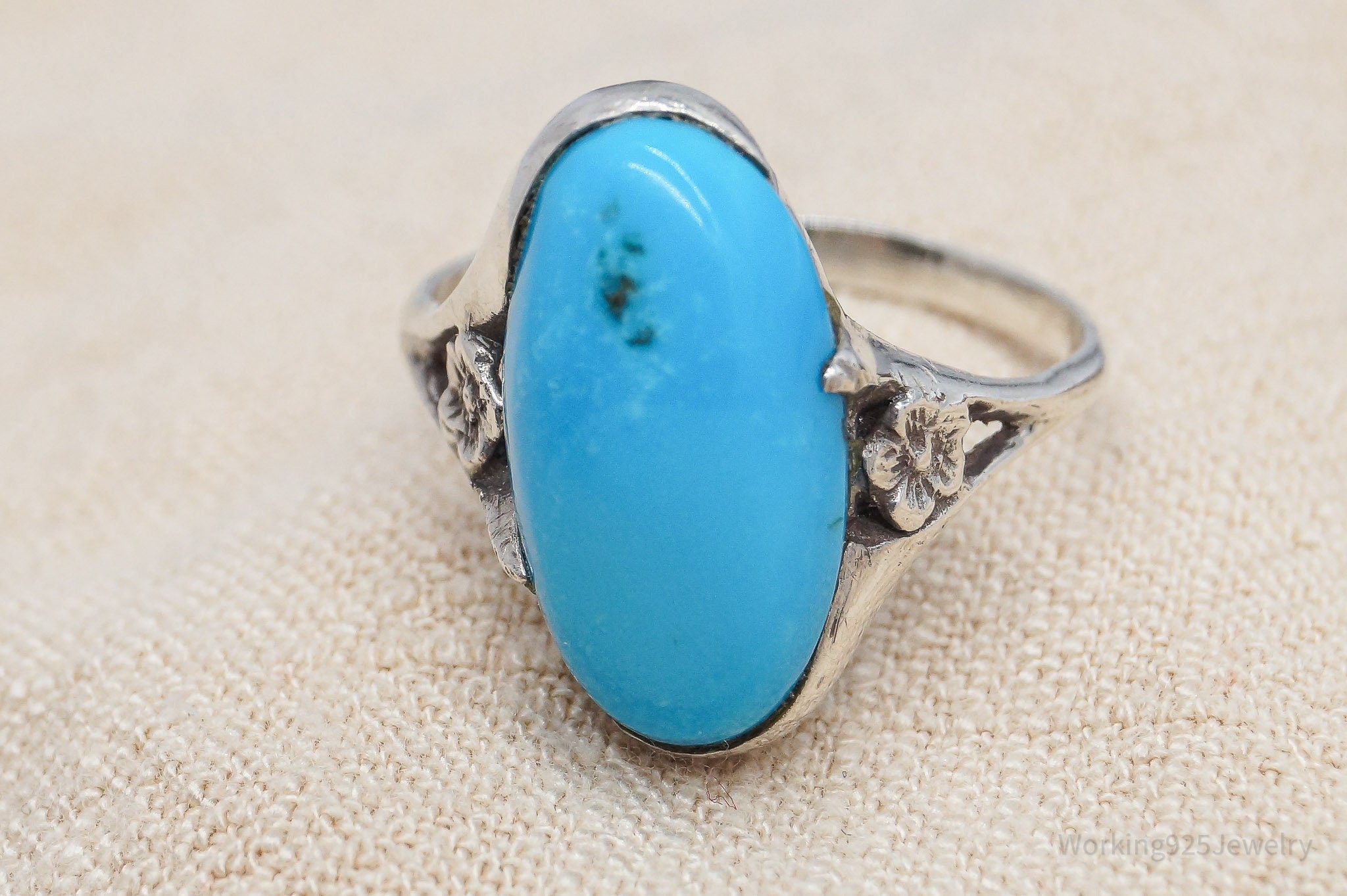 Vintage Native American Turquoise & Flowers Sterling Silver Ring - Size 8.75