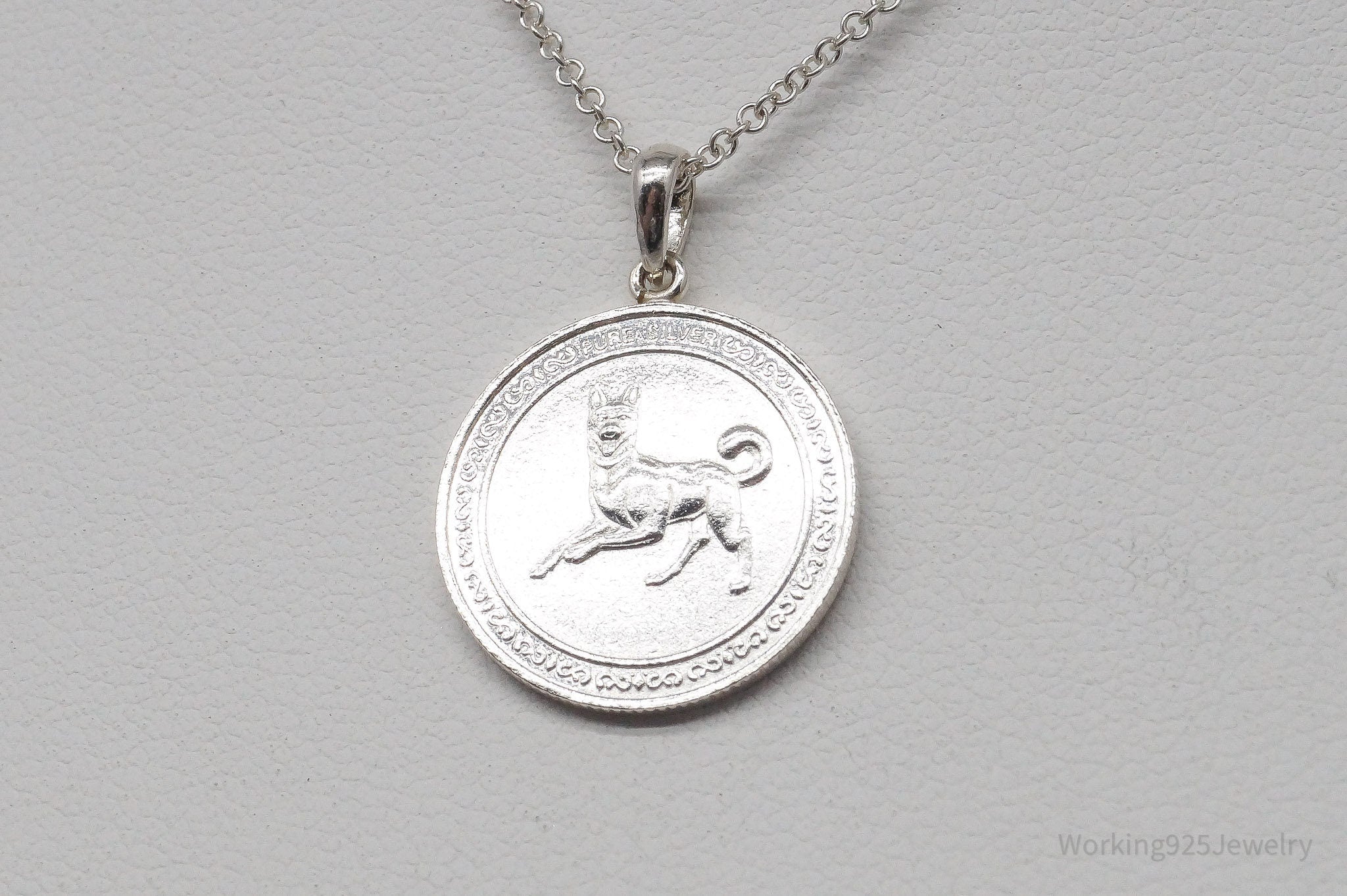 Vintage Fine Silver Dog Coin Sterling Silver Chain Necklace - 18"