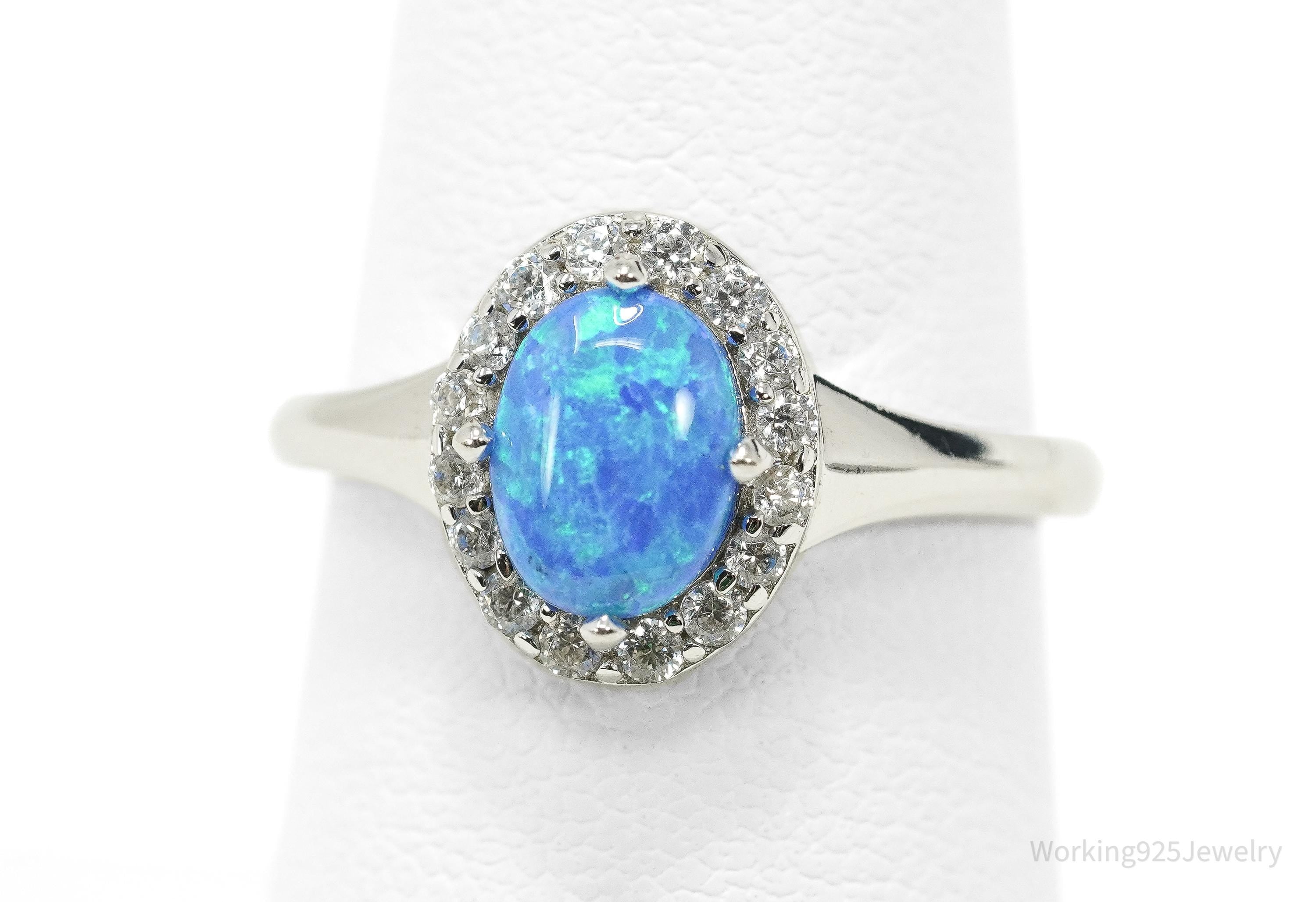 Vintage Opal & Cubic Zirconia Sterling Silver Ring - Size 7