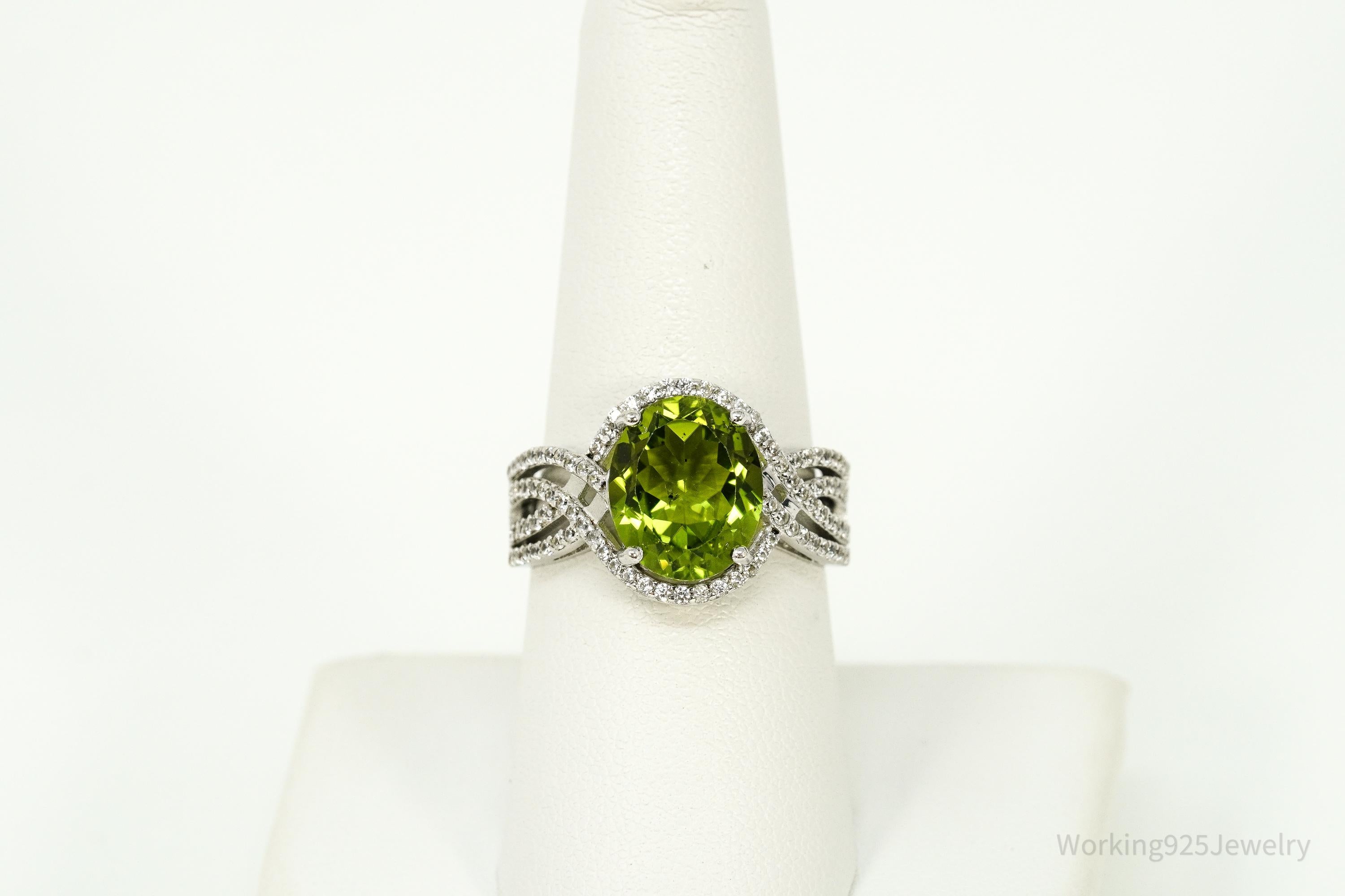 Green Peridot & White Zircon Rhodium Over Sterling Silver Ring - Size 8