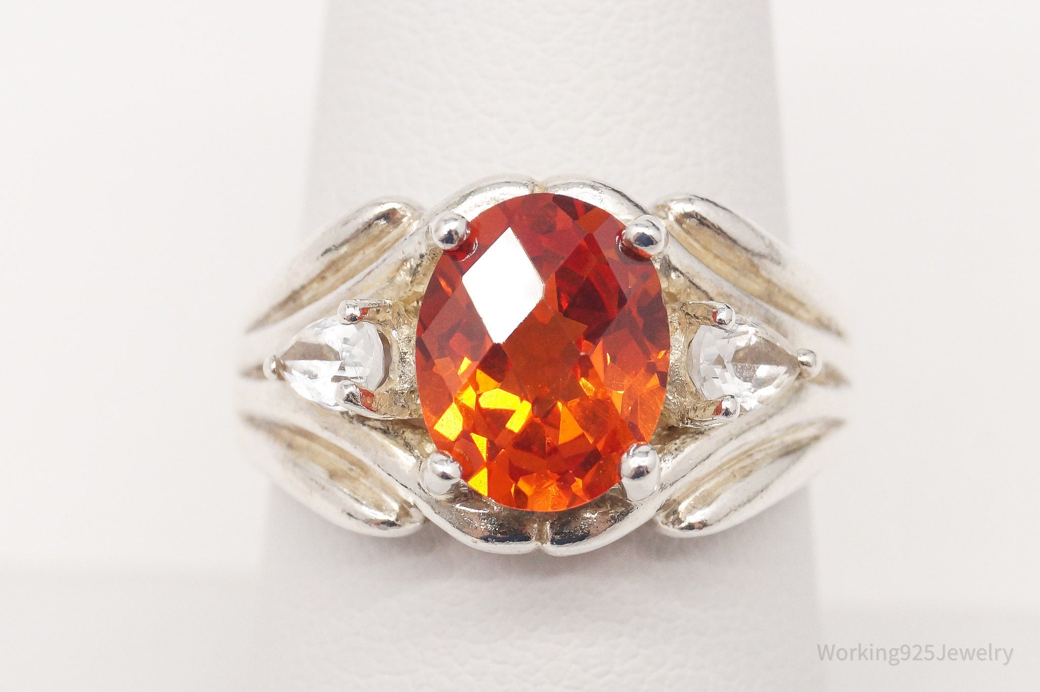 Vintage Orange Lab Sapphire White Topaz Sterling Silver Ring - Size 7.75