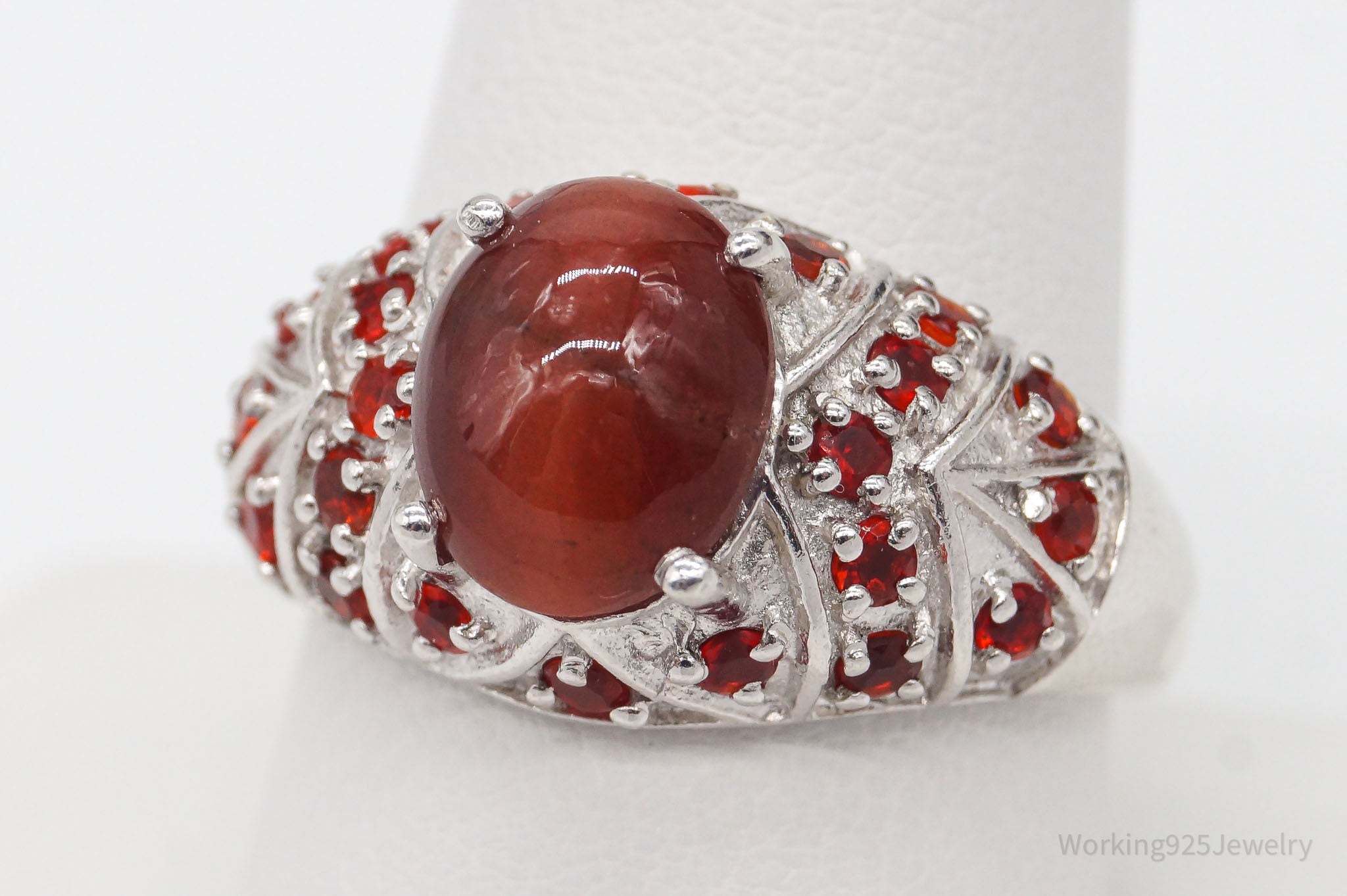 Vintage Red Cats Eye & Fire Opal Sterling Silver Ring - Size 9.75