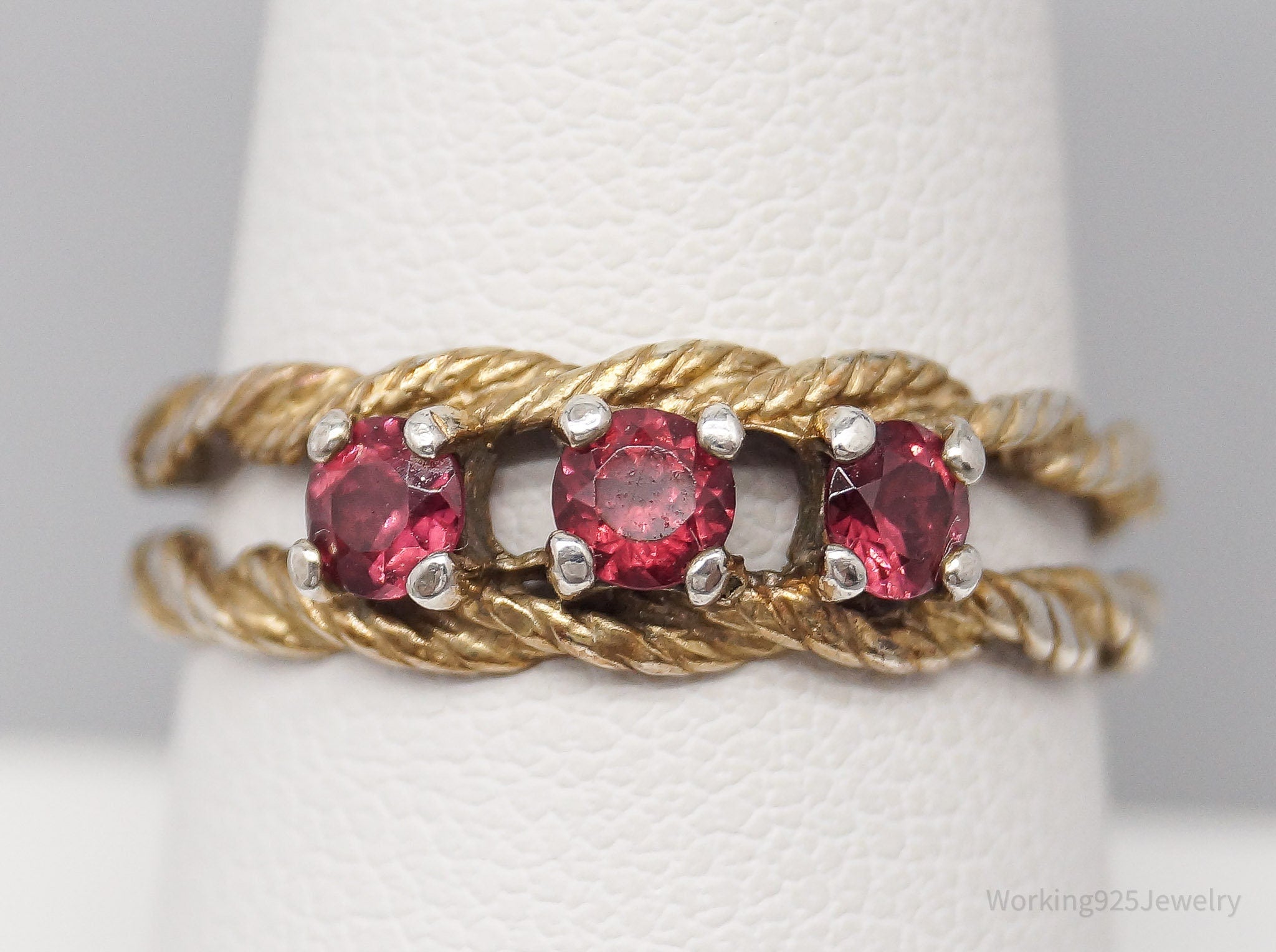 Vintage Deep Pink Tourmaline Gold Washed Sterling Silver Ring - Size 8.25