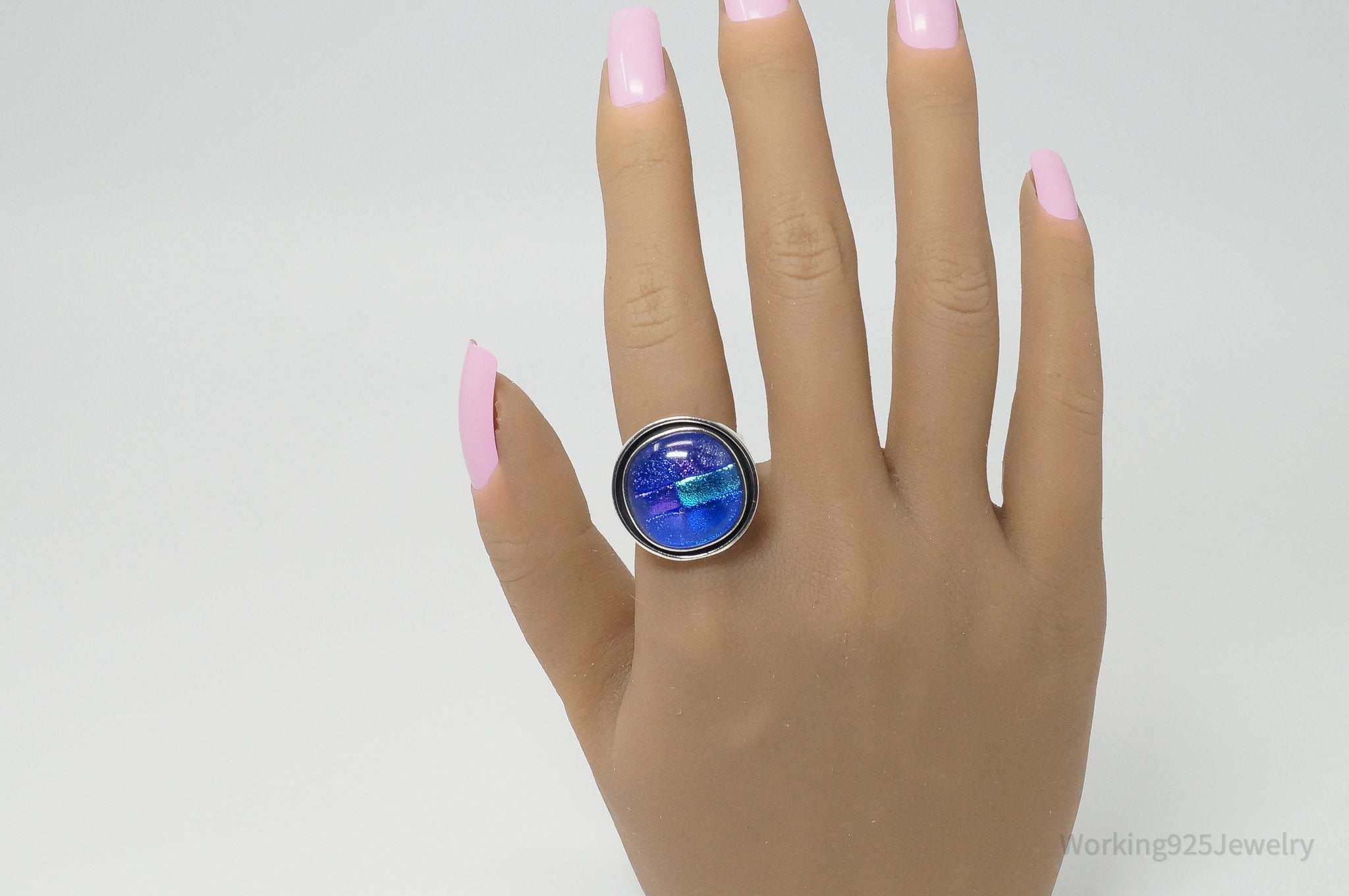 Vintage Mexico CII Blue Purple Dichroic Glass Galaxy Sterling Silver Ring - Sz 7