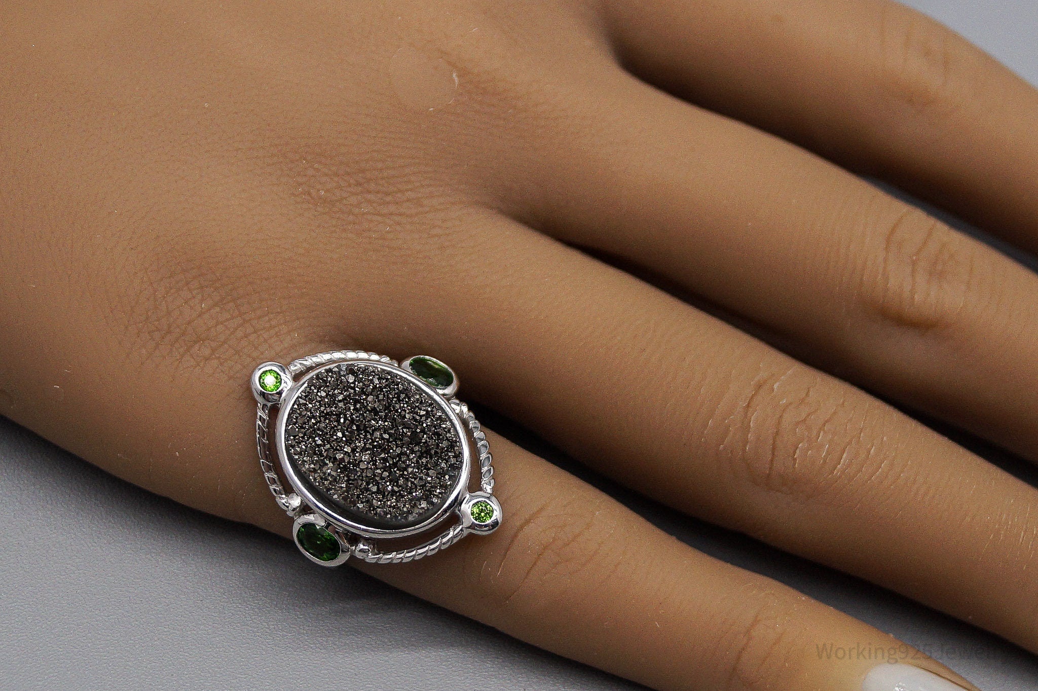 Druzy Quartz & Green Chrome Diopside Sterling Silver Ring - Size 6