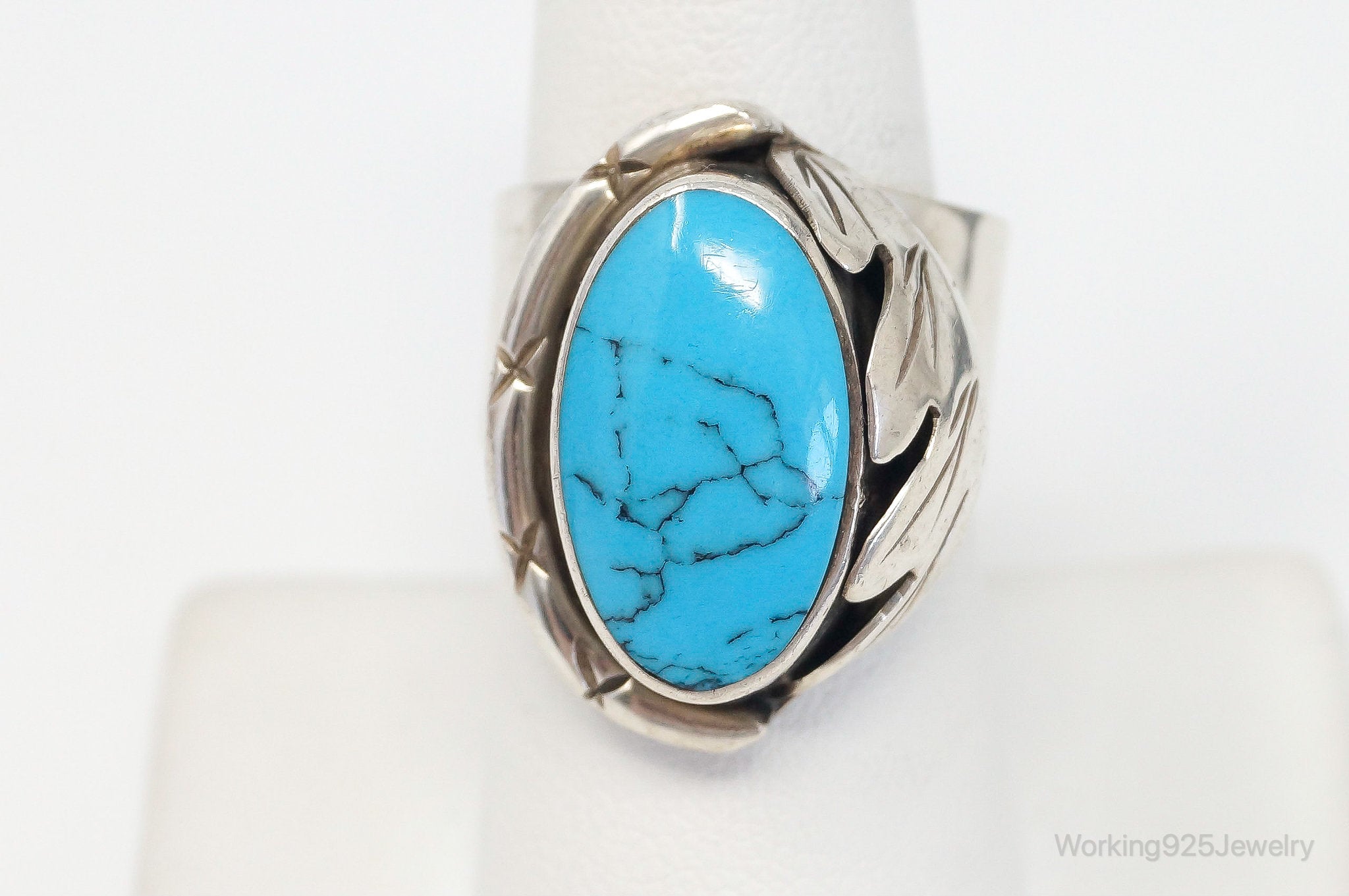 Vintage Mexico Blue Turquoise Sterling Silver Ring Size 8.5 Adjustable