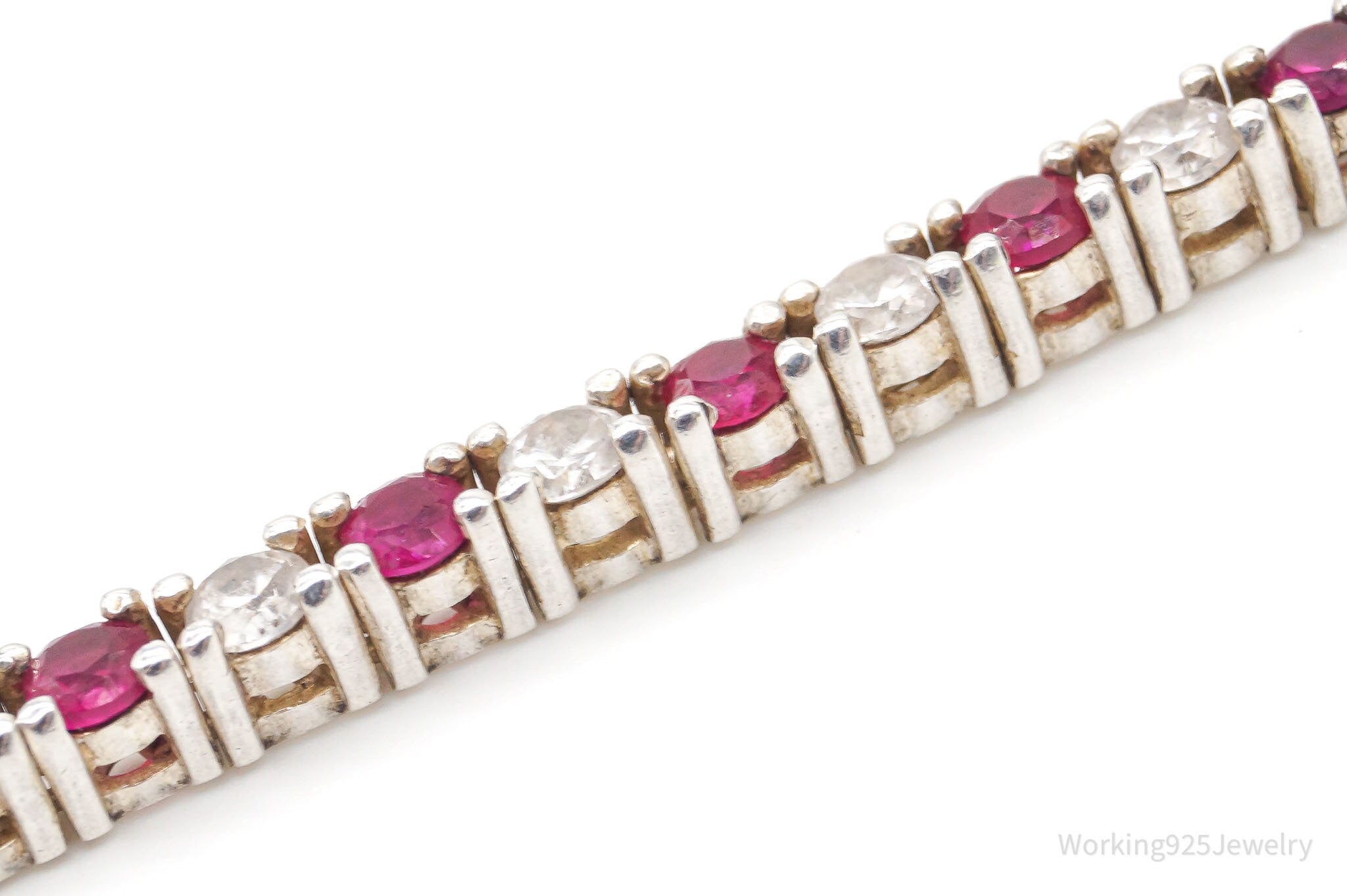 Vintage Ruby Cubic Zirconia Sterling Silver Tennis Bracelet