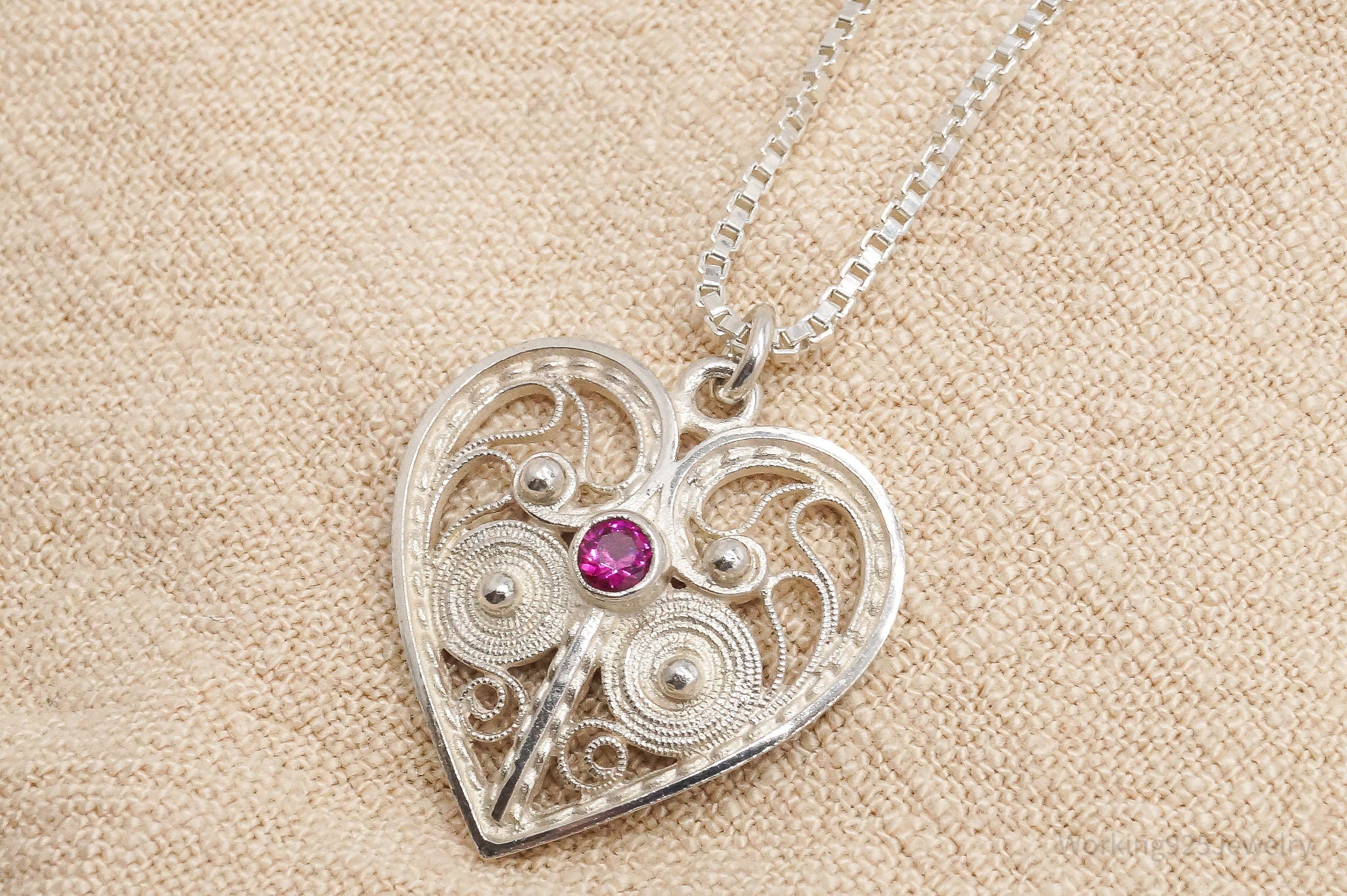 Vintage Ruby Filigree Heart Sterling Silver Chain Necklace 16"