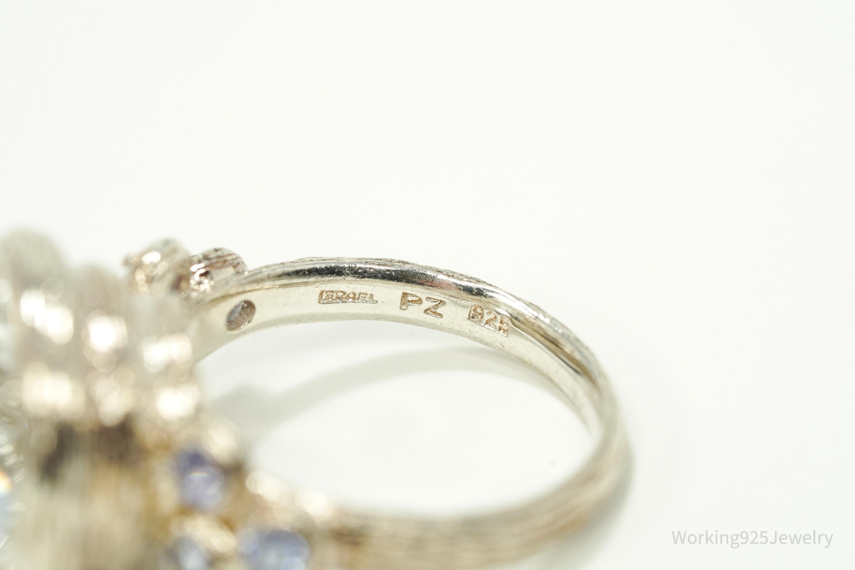 Vintage Israel Designer Paz PZ Clear Quartz & Tanzanite Sterling Silver Ring - Size 6.25