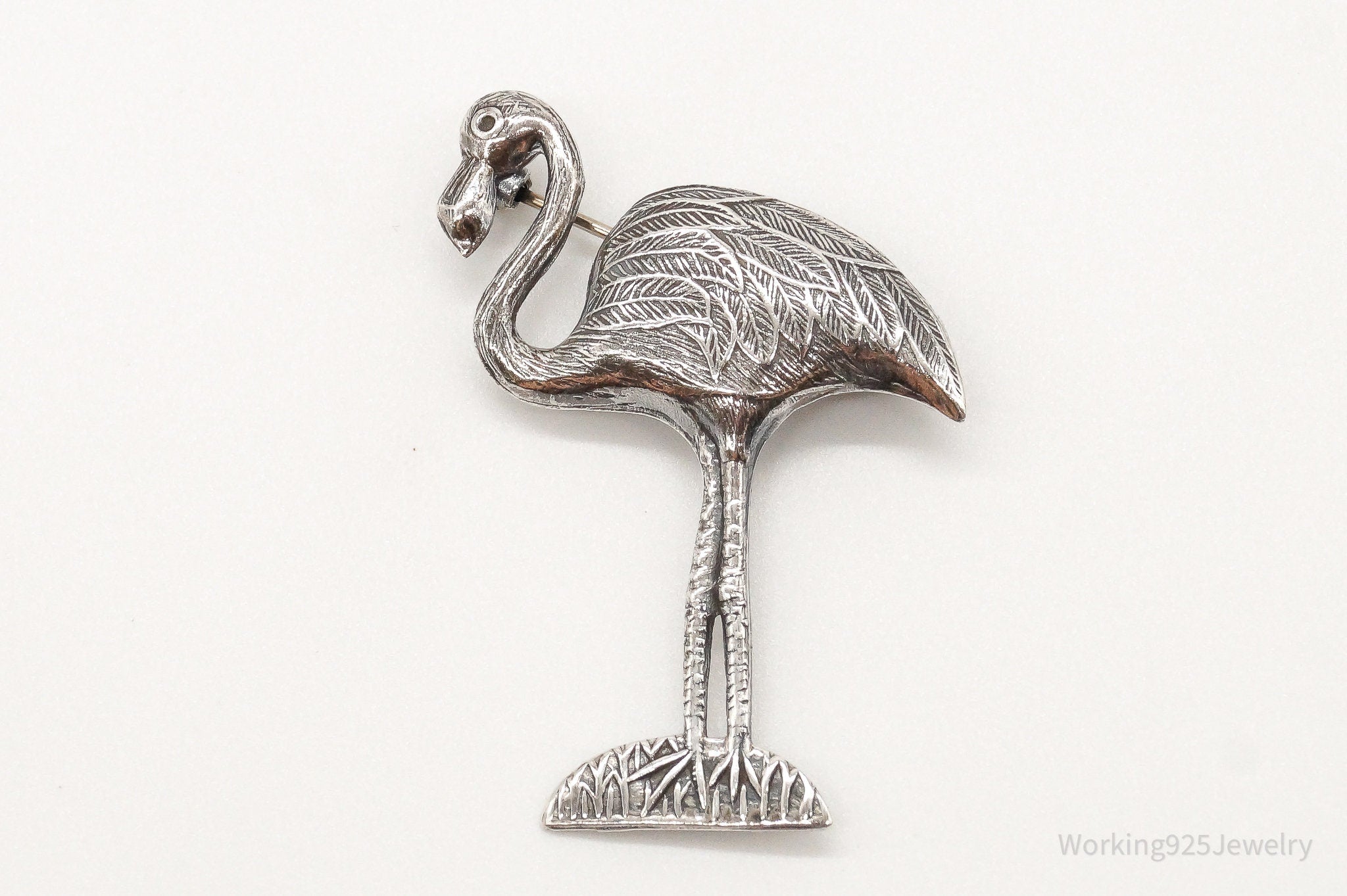 Vintage Large Flamingo Sterling Silver Brooch Pin