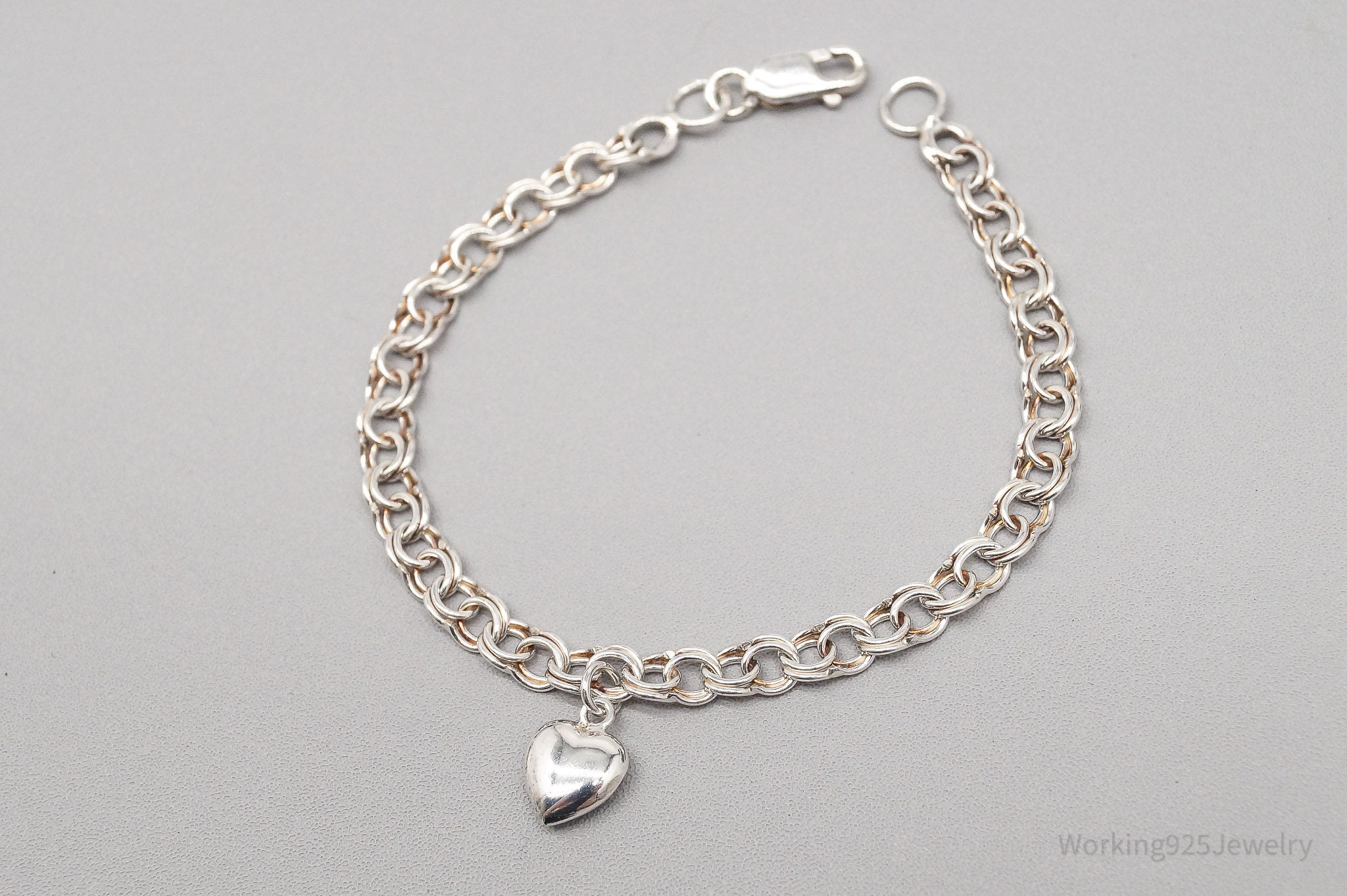 Vintage Puffy Heart Charm Chain Link Sterling Silver Bracelet