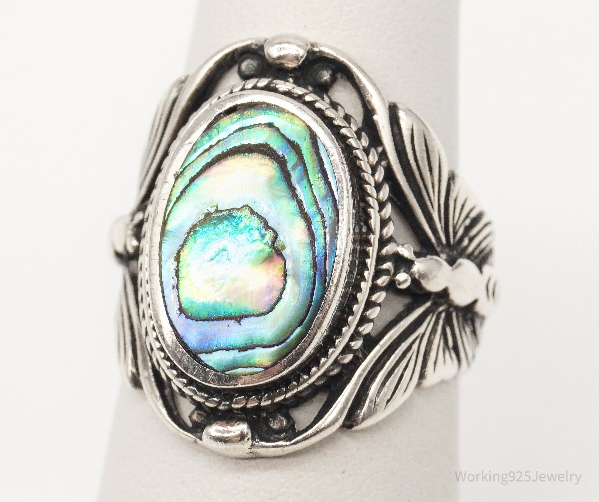 Vintage Paua Abalone Shell Butterflies Sterling Silver Ring - Size 5.75