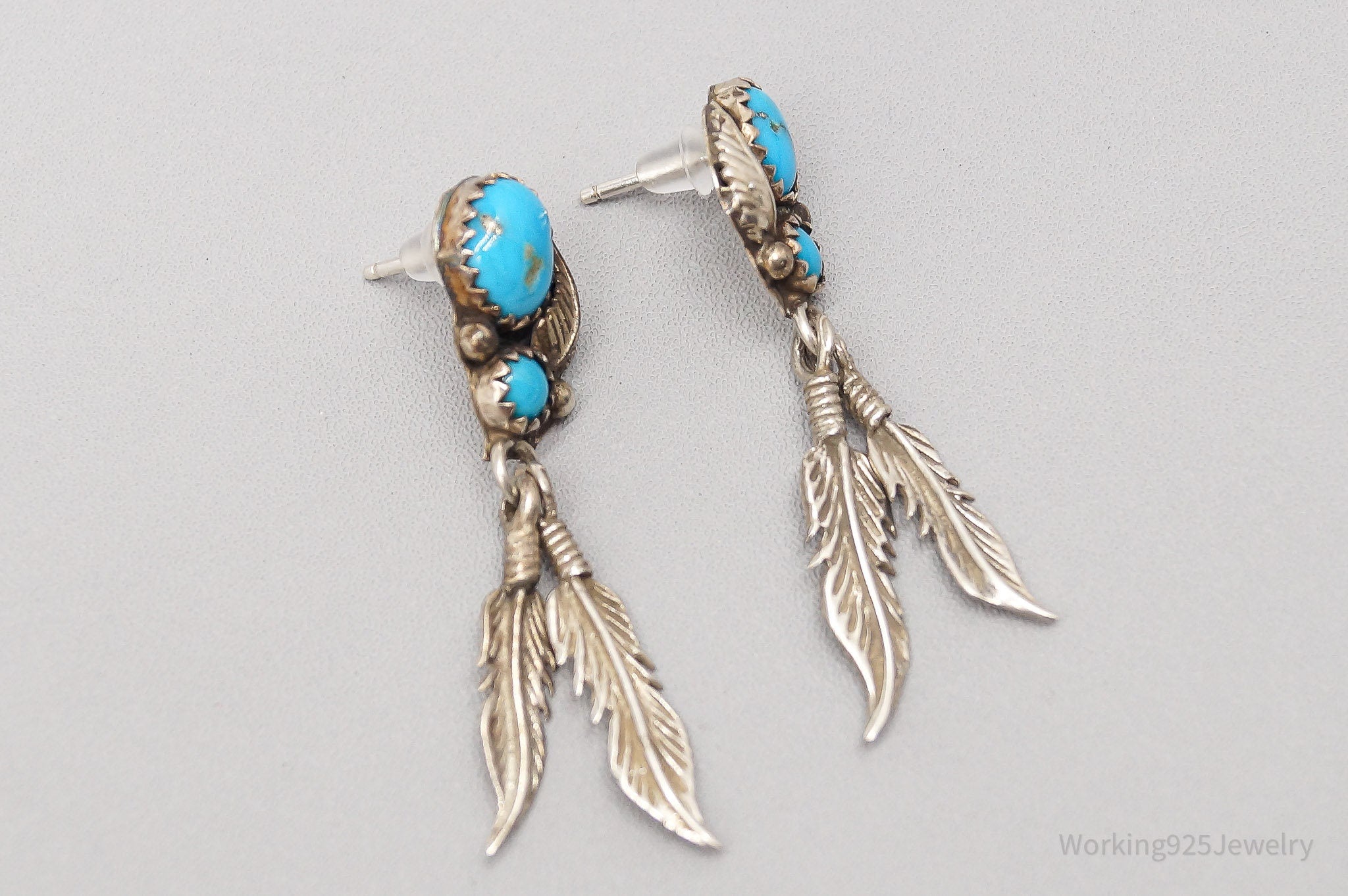 Vintage Native American Turquoise Silver Feather Charms Earrings