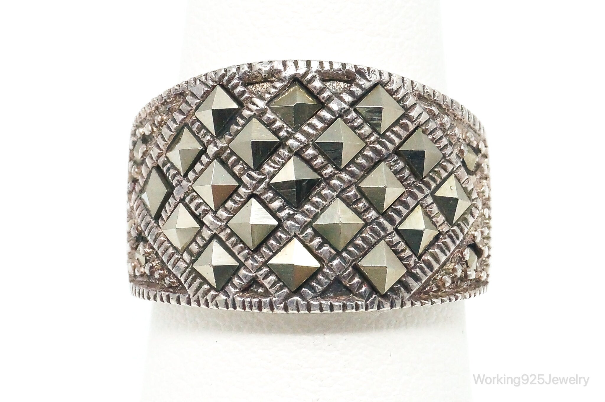 Vintage Marcasite Geometric Sterling Silver Wide Ring Size 6.75