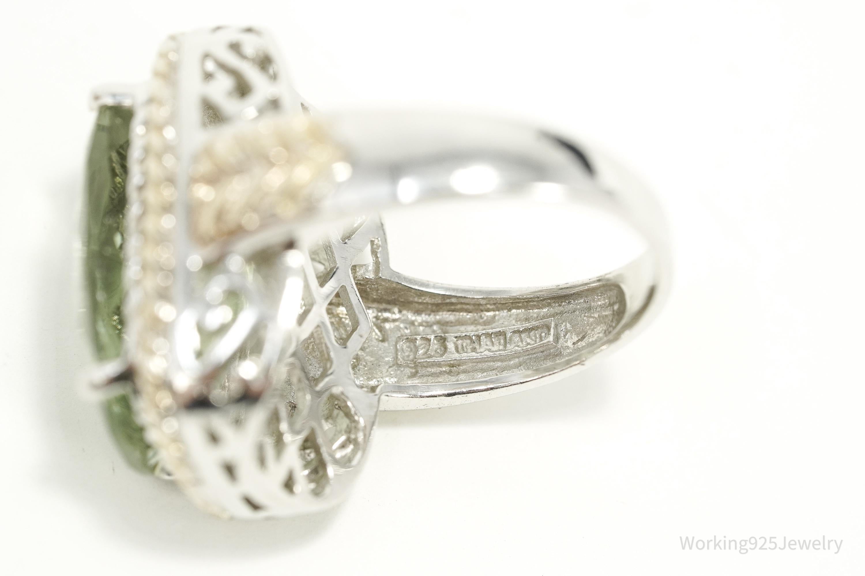 Vintage Large Prasiolite Gold Vermeil Sterling Silver Statement Ring - Size 8.25