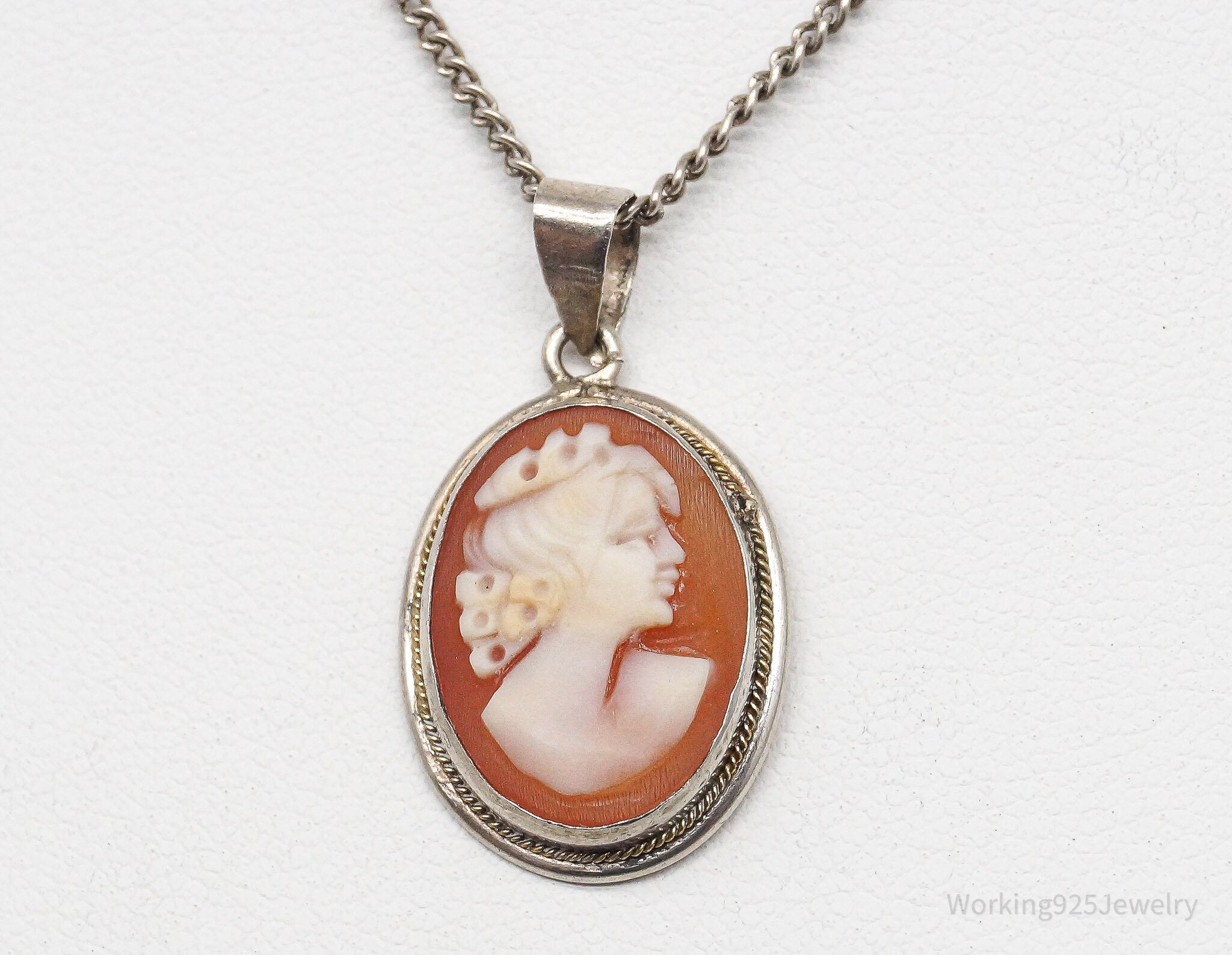 Vintage Carved Shell Woman Cameo Sterling Silver Necklace