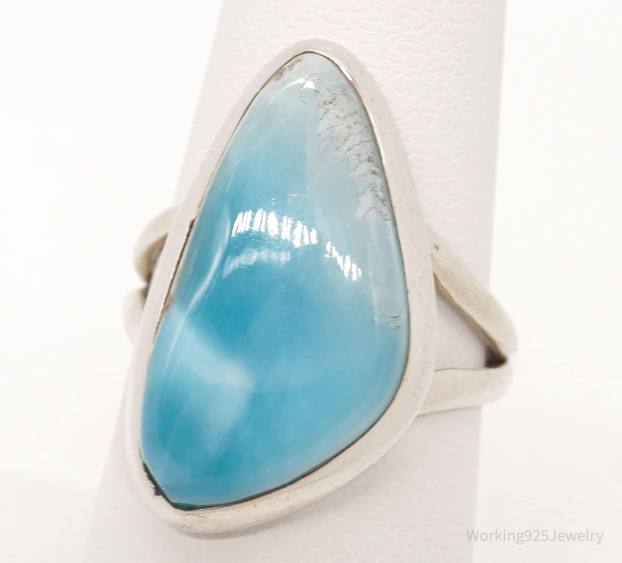 Vintage Large Blue Larimar Sterling Silver Ring - Size 7.5