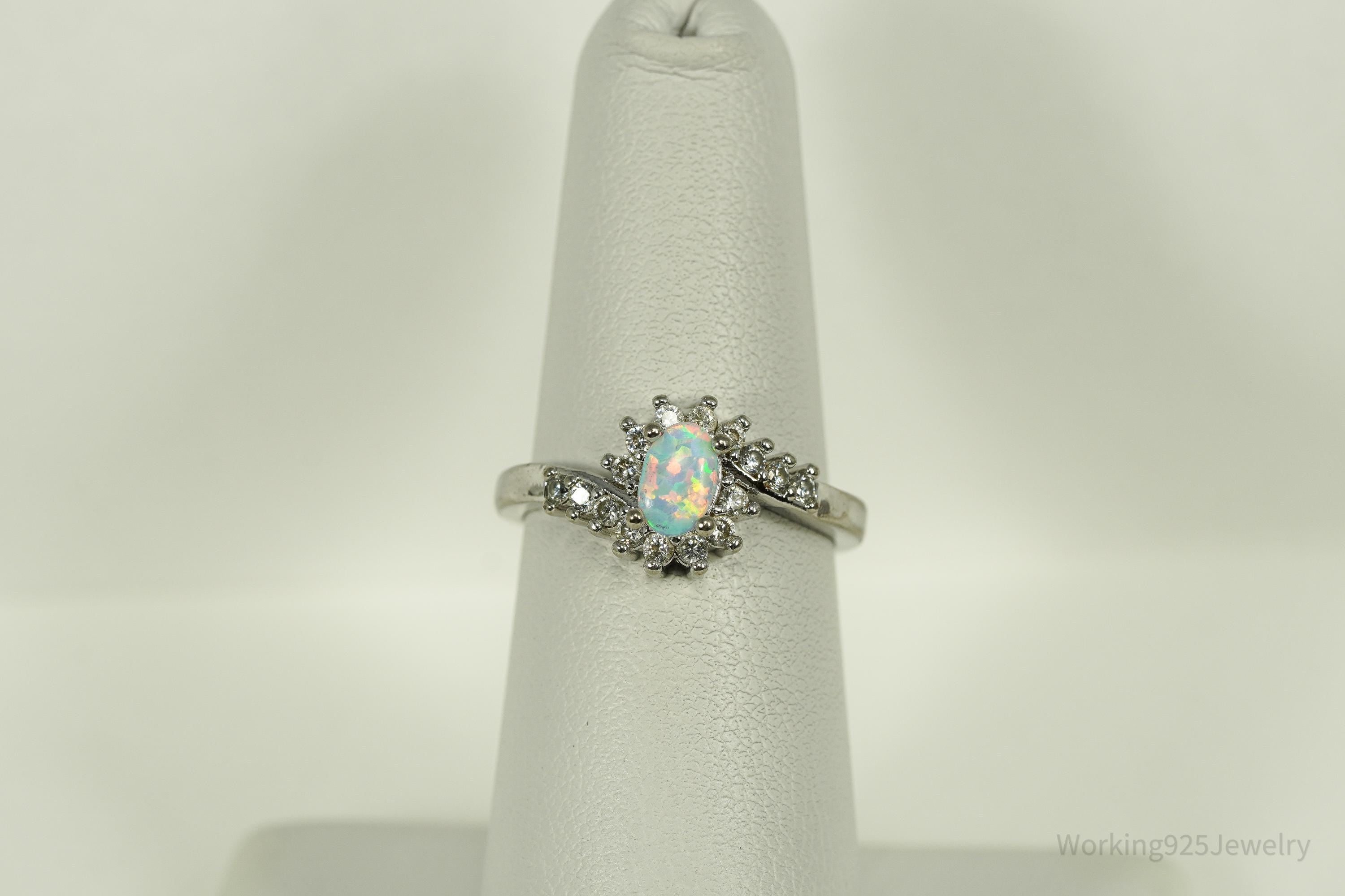 Vintage Opal & Cubic Zirconia Sterling Silver Plated Ring - Size 6